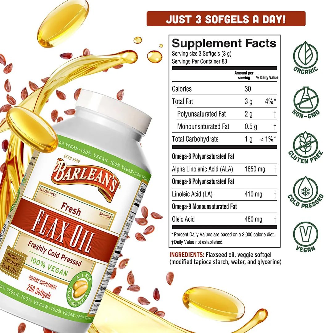 Barlean's Vegan Flaxseed Oil Supplements, Cold-Pressed Flax Seed Supplement Softgels with 1650 mg ALA Fatty Acids, 250 Count - Image 3