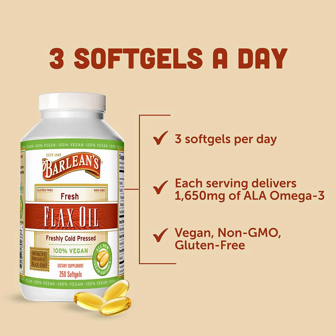 Barlean's Vegan Flaxseed Oil Supplements, Cold-Pressed Flax Seed Supplement Softgels with 1650 mg ALA Fatty Acids, 250 Count - Image 4