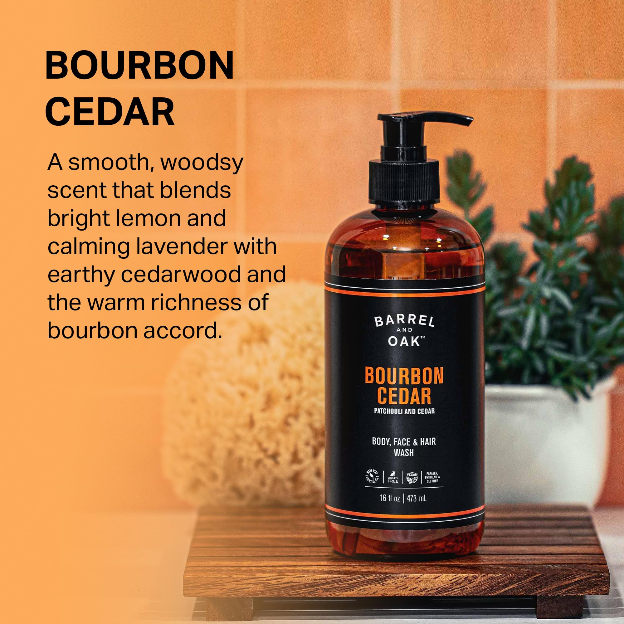 Barrel & Oak All-in-One Wash for Face, Hair, & Body, Vegan & Hydrating Face, Shampoo and Body Wash for Men, Grooming Kit Gifts for Men, Bourbon Cedar, 16 oz - Image 3