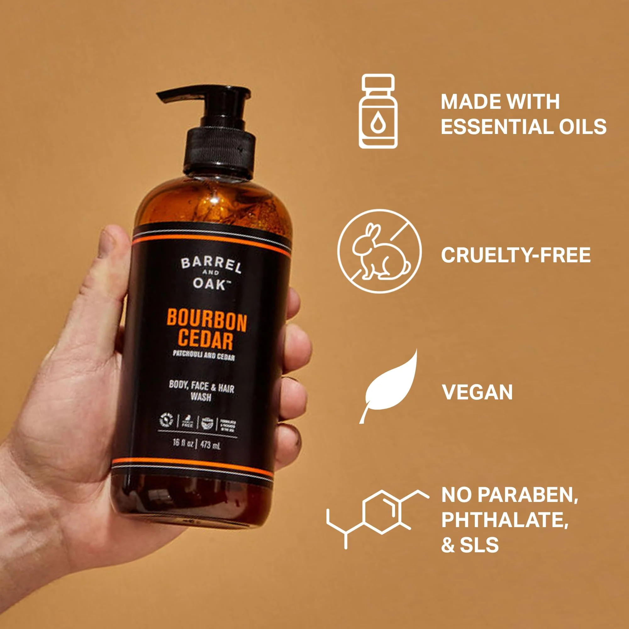 Barrel & Oak All-in-One Wash for Face, Hair, & Body, Vegan & Hydrating Face, Shampoo and Body Wash for Men, Grooming Kit Gifts for Men, Bourbon Cedar, 16 oz - Image 4