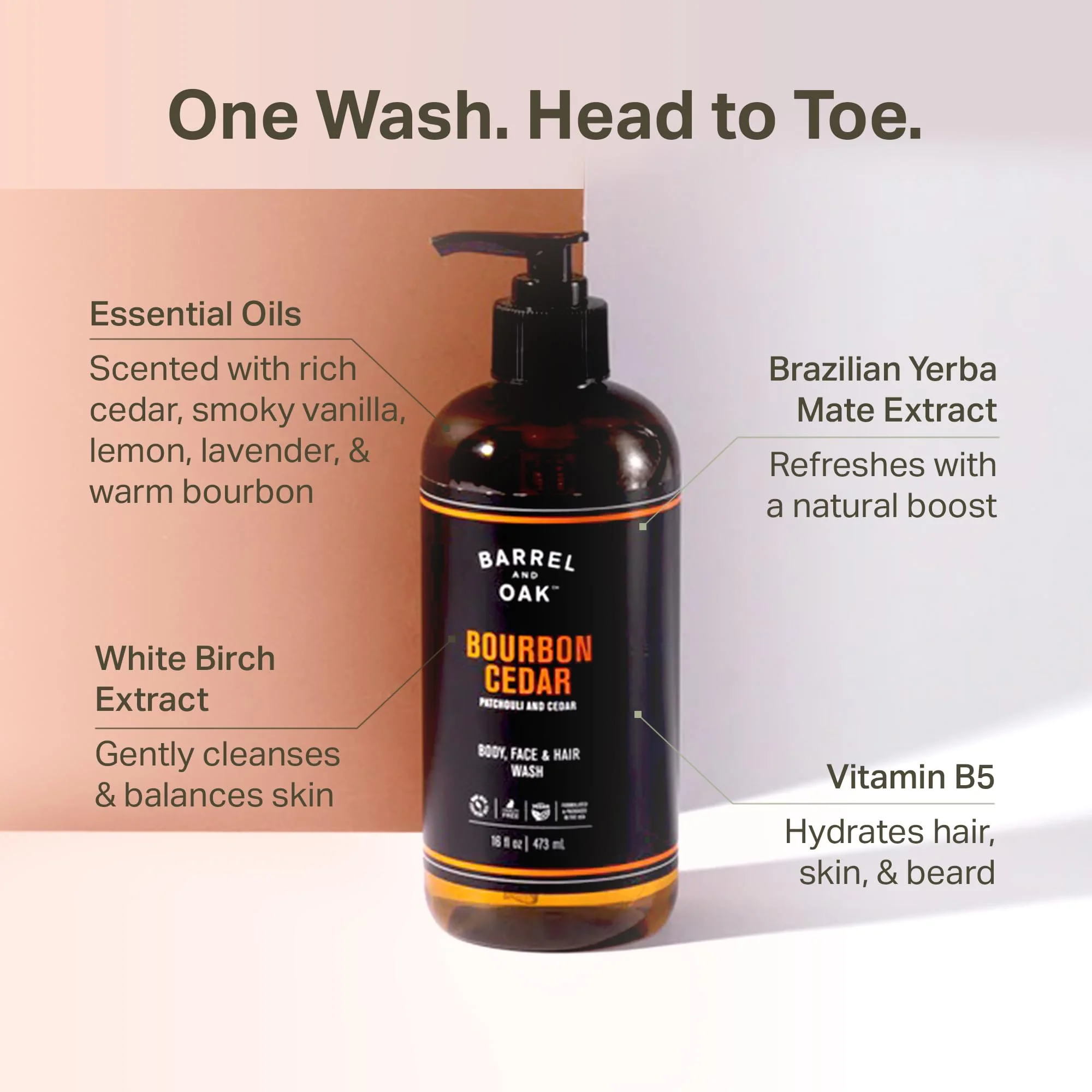 Barrel & Oak All-in-One Wash for Face, Hair, & Body, Vegan & Hydrating Face, Shampoo and Body Wash for Men, Grooming Kit Gifts for Men, Bourbon Cedar, 16 oz - Image 5