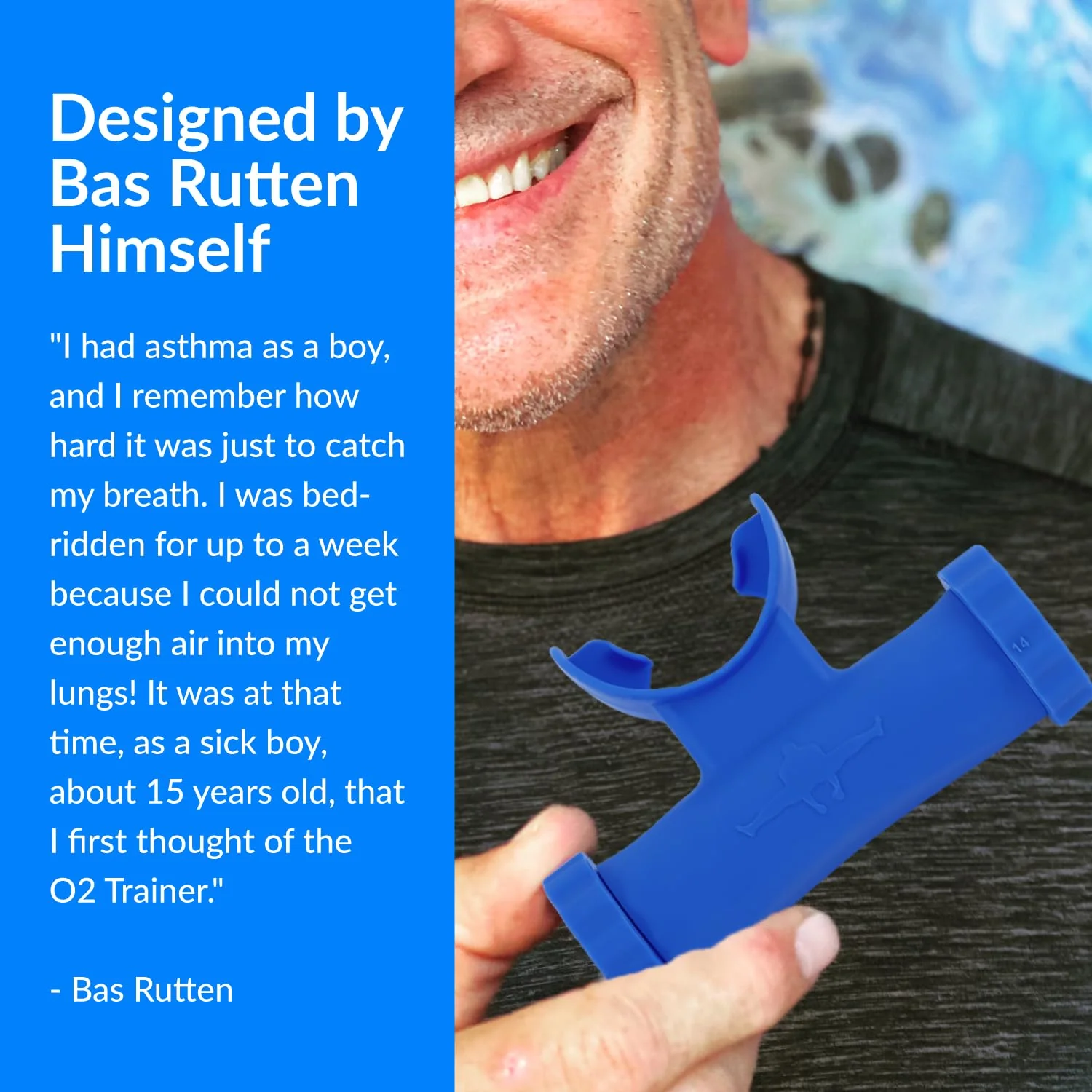 Bas Rutten O2Trainer: Breathing Muscle Training Device | Lung Power & Endurance Tool for Athletes, Singers & High-Altitude Performance | Diaphragmatic Respiratory Trainer | 16 Resistance Caps | Blue