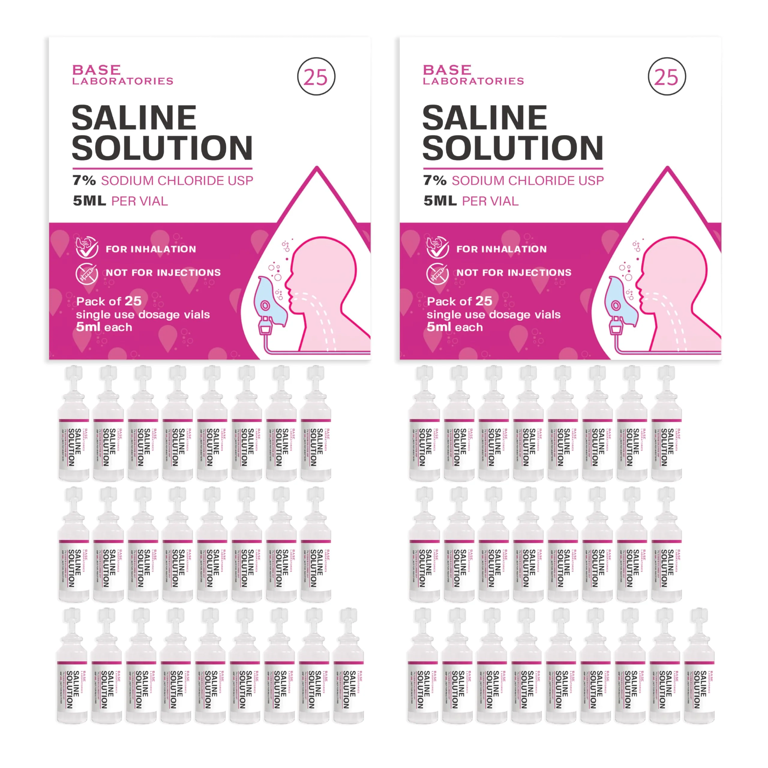 BASE LABORATORIES 7% Saline Solution for Nebulizer Machine | Saline Solution for Inhalation & Nasal Irrigation | High 7% Concentration l (25 x 2) 50 Vials 5ml Unit Dose