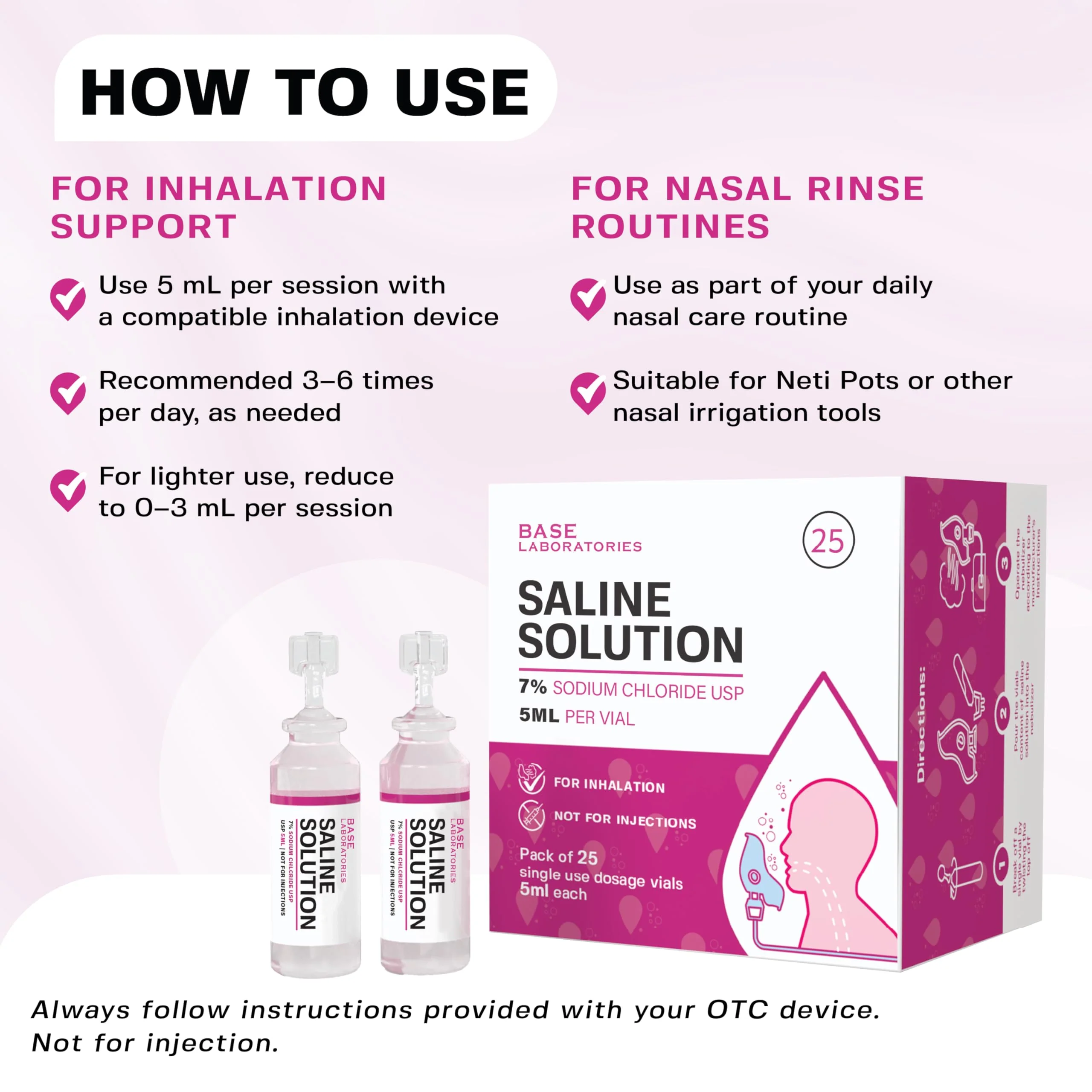 BASE LABORATORIES 7% Saline Solution for Nebulizer Machine | Saline Solution for Inhalation & Nasal Irrigation | High 7% Concentration l (25 x 2) 50 Vials 5ml Unit Dose - Image 2