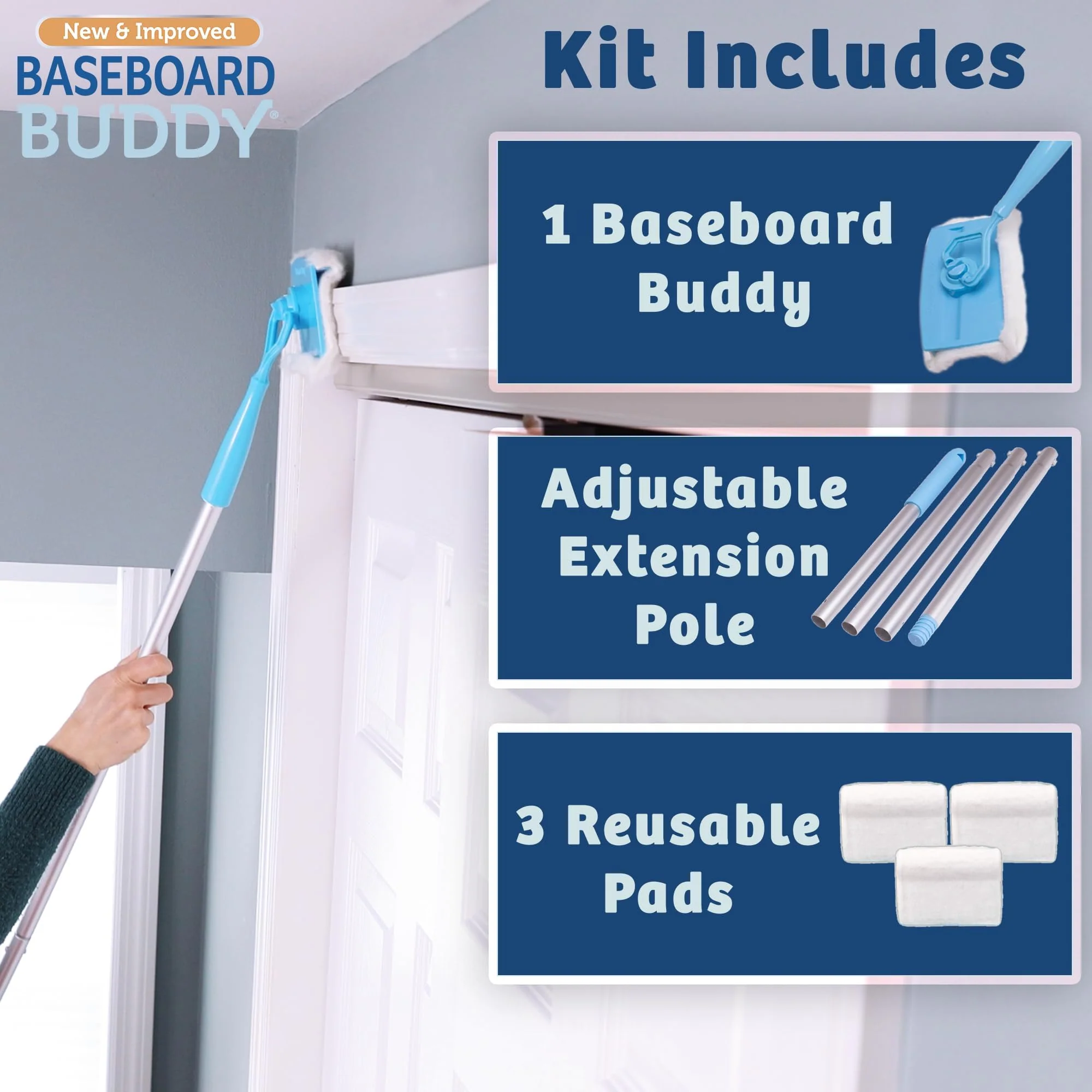 Baseboard Buddy | Lightweight Home Cleaning Essential, Perfect for Baseboards, Moldings & Walls, Glide & Wipe Trapping & Locking Dirt & Dust | As Seen on TV, (1 Baseboard Buddy & 3 Reusable Pads) - Image 6