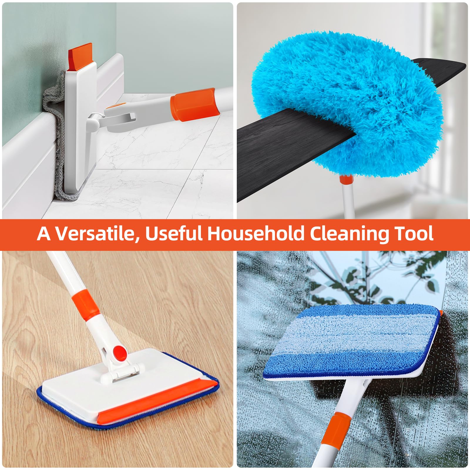 Baseboard Cleaner Tool with Handle, Extendable Long Handle Baseboard Cleaning Duster with Reusable Pads for Floorboard, Ceiling Fan Blade Cleaner Duster (Blue) - Image 4