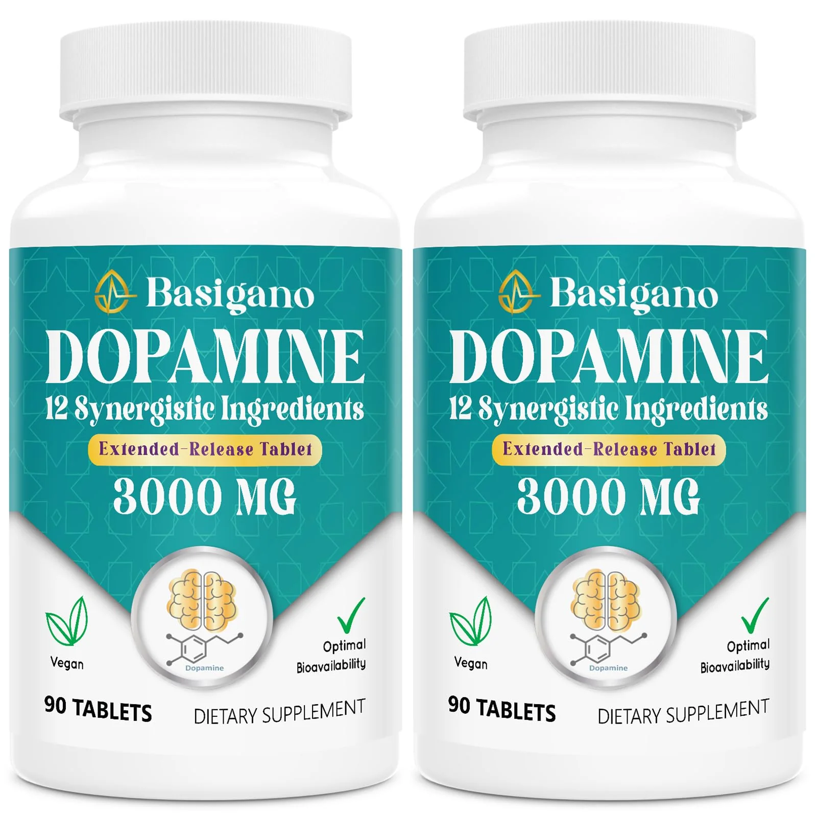 Basigano Natural Dopamine Supplement - Gluten-Free - 90 Tablets(Pack of 2)