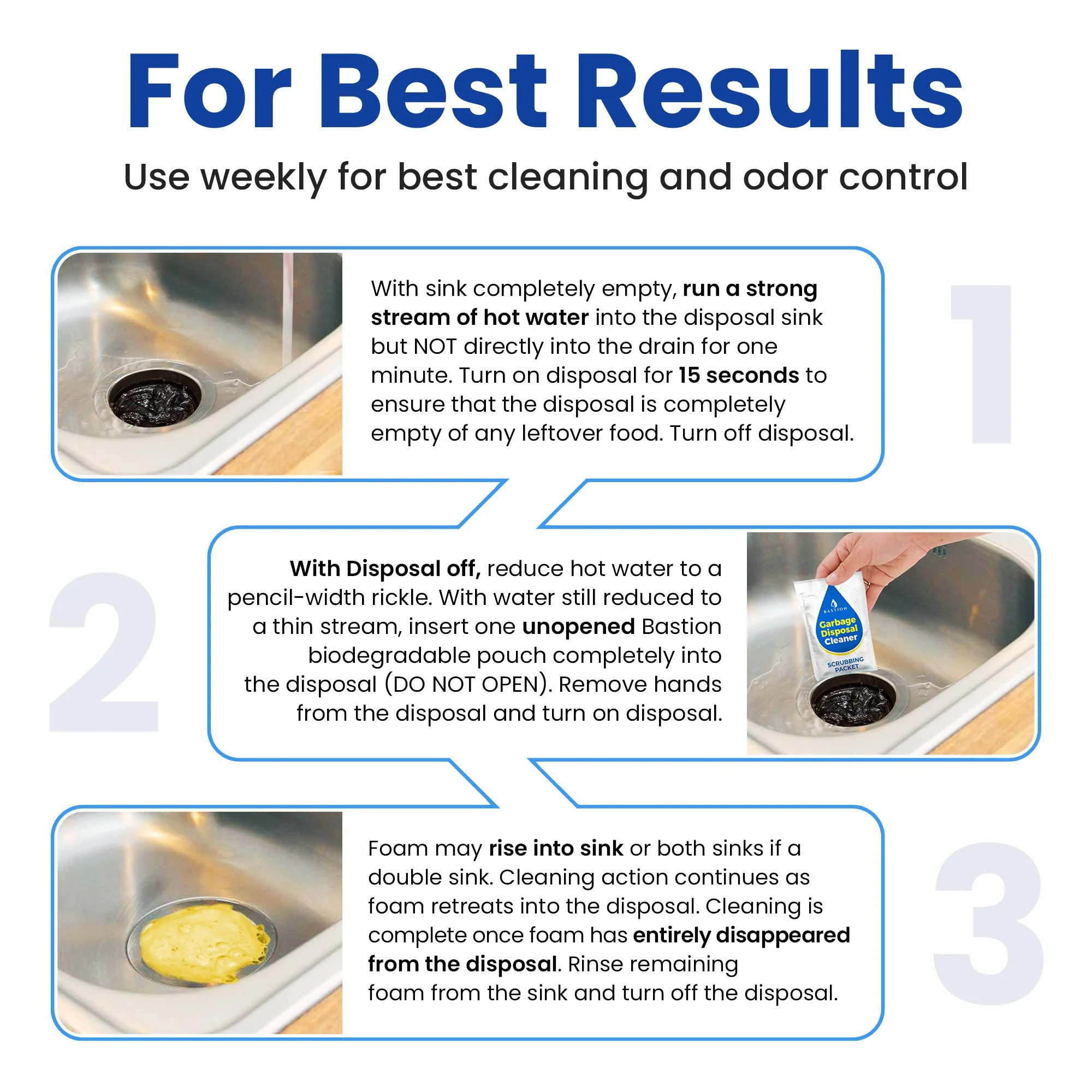 Bastion Garbage Disposal Cleaner and Deodorizer - 24-Count (1-Year Supply) Foaming Lemon Scented Kitchen Sink Freshener Pods & Drain Odor Eliminator Disposer Care - Image 4