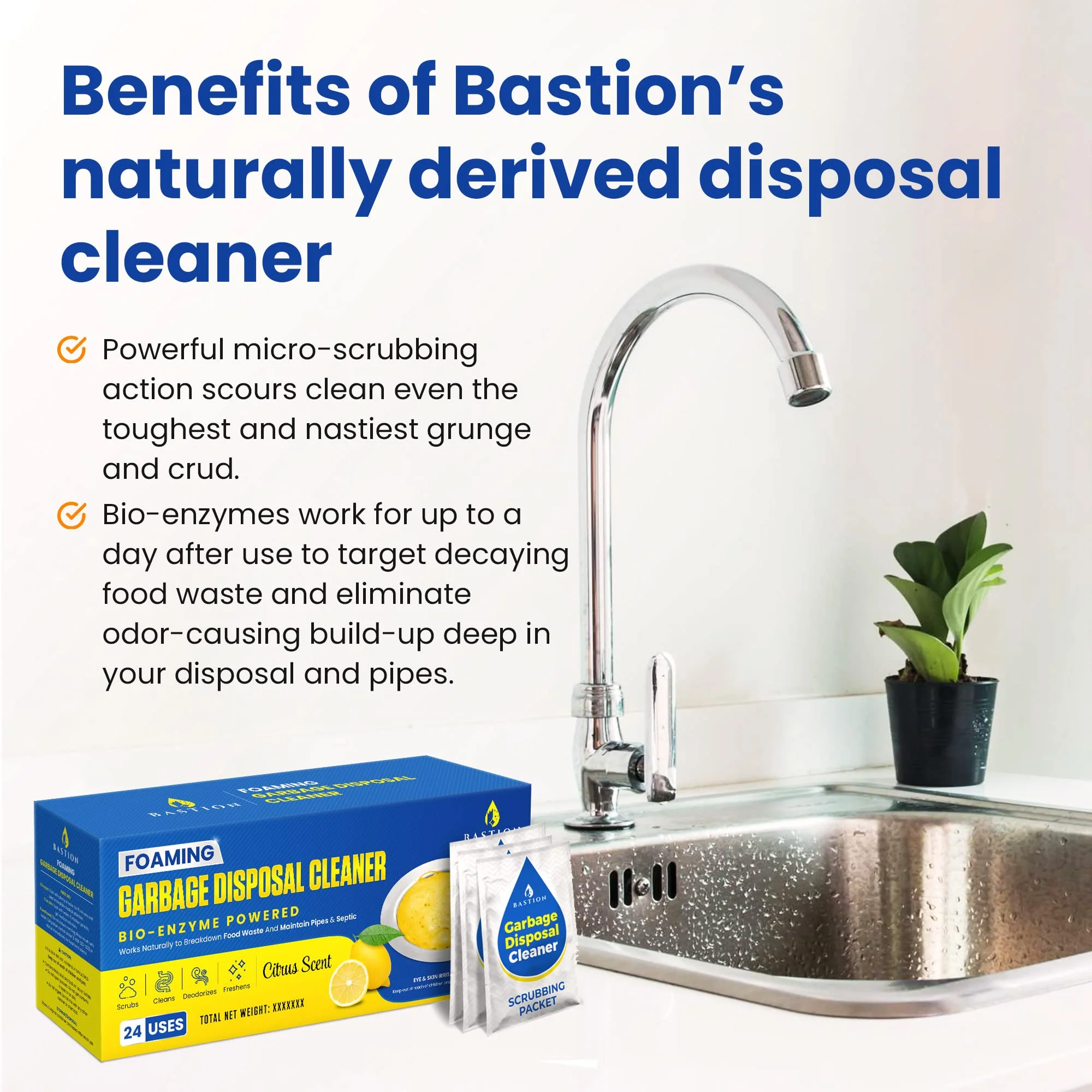 Bastion Garbage Disposal Cleaner and Deodorizer - 24-Count (1-Year Supply) Foaming Lemon Scented Kitchen Sink Freshener Pods & Drain Odor Eliminator Disposer Care - Image 6