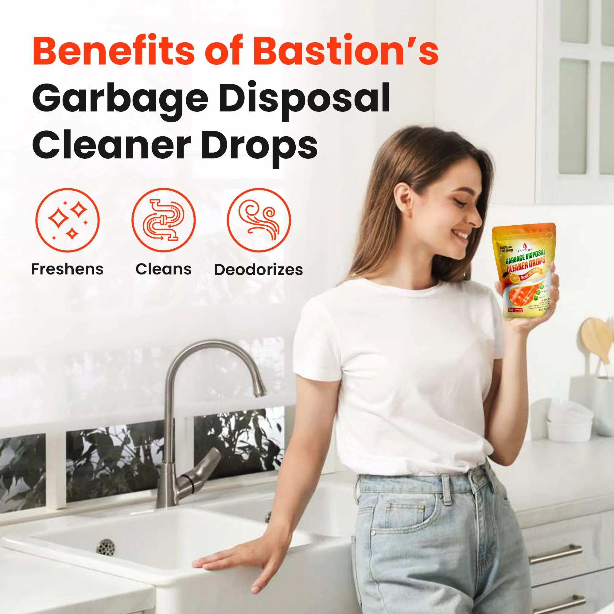 Bastion Garbage Disposal Cleaner and Deodorizer Drops- [[50-Count]] Orange Zest Scented Kitchen Sink Freshener Pods & Drain Odor Eliminator Disposer Care Balls - Image 3