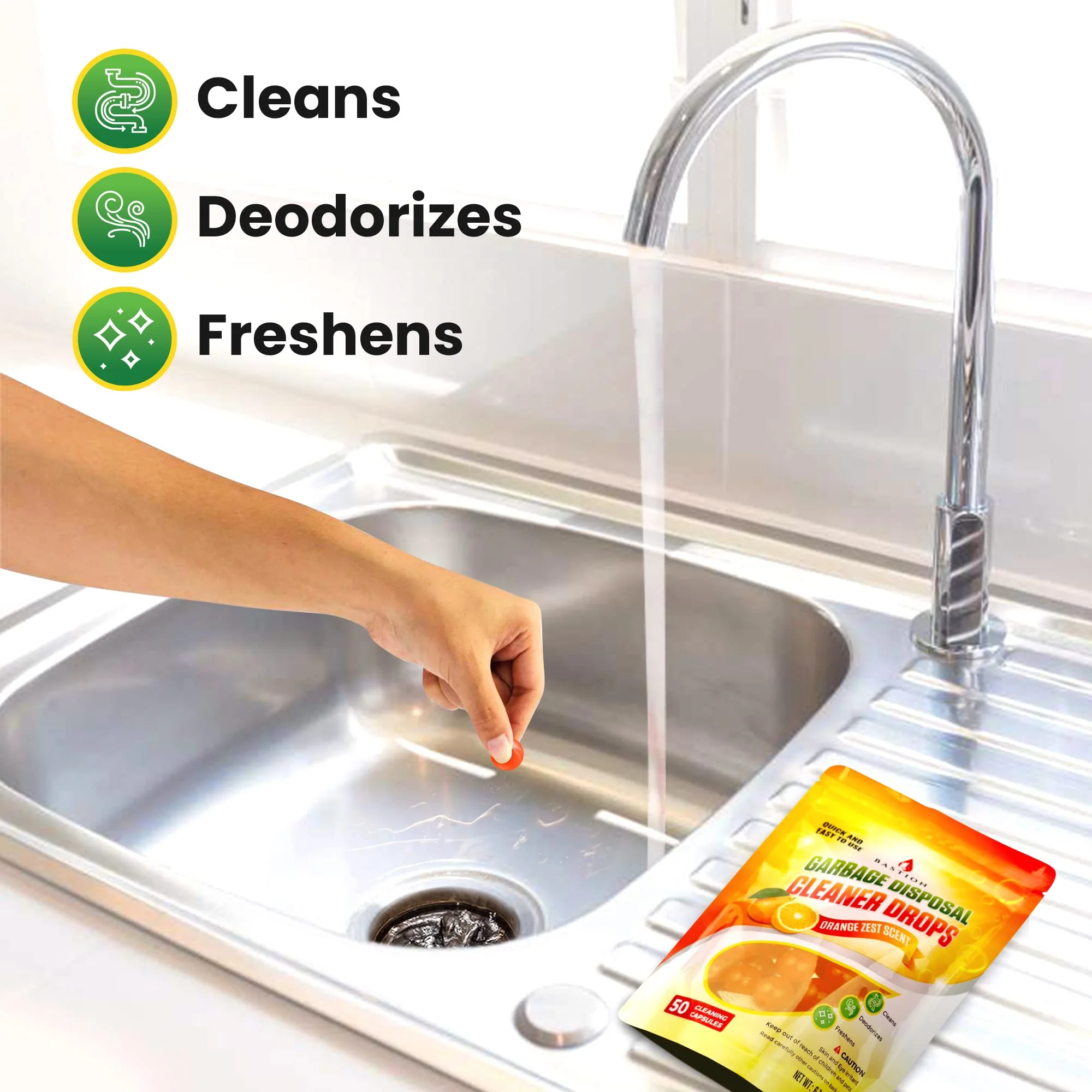 Bastion Garbage Disposal Cleaner and Deodorizer Drops- [[50-Count]] Orange Zest Scented Kitchen Sink Freshener Pods & Drain Odor Eliminator Disposer Care Balls - Image 4