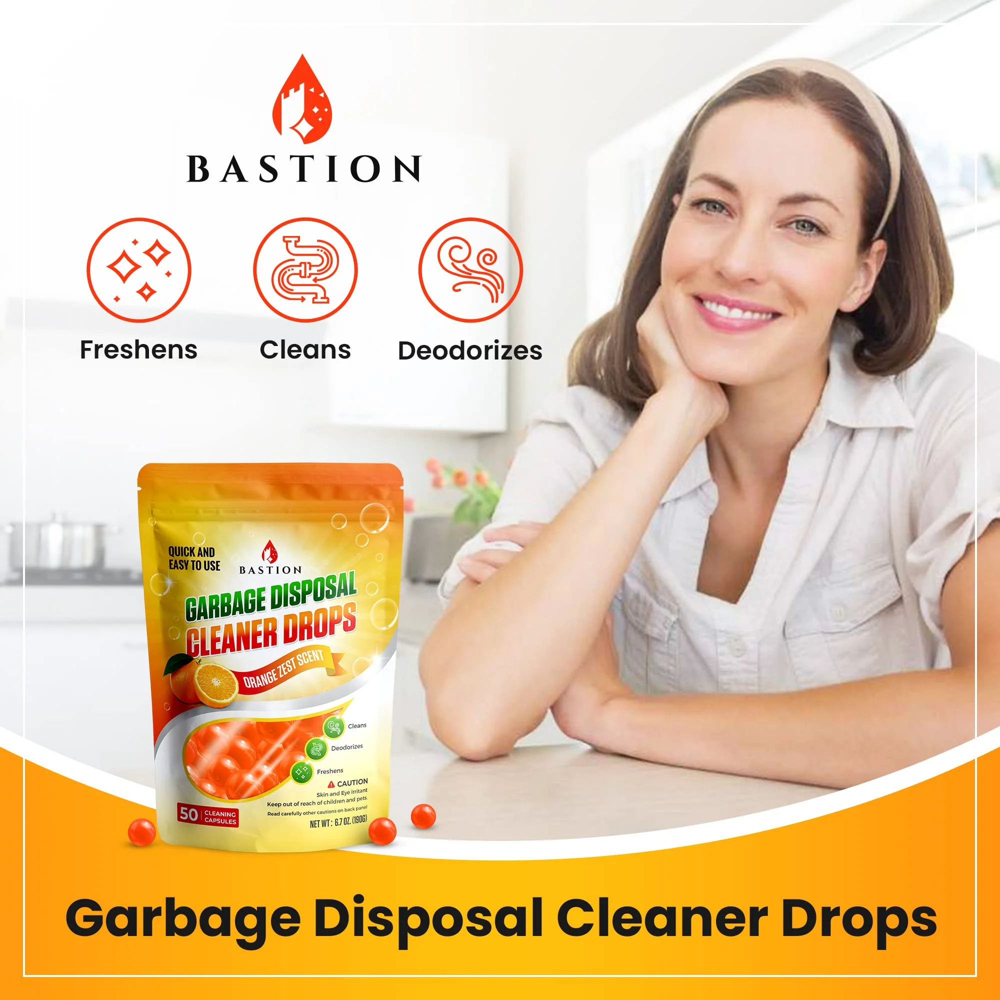 Bastion Garbage Disposal Cleaner and Deodorizer Drops- [[50-Count]] Orange Zest Scented Kitchen Sink Freshener Pods & Drain Odor Eliminator Disposer Care Balls - Image 7