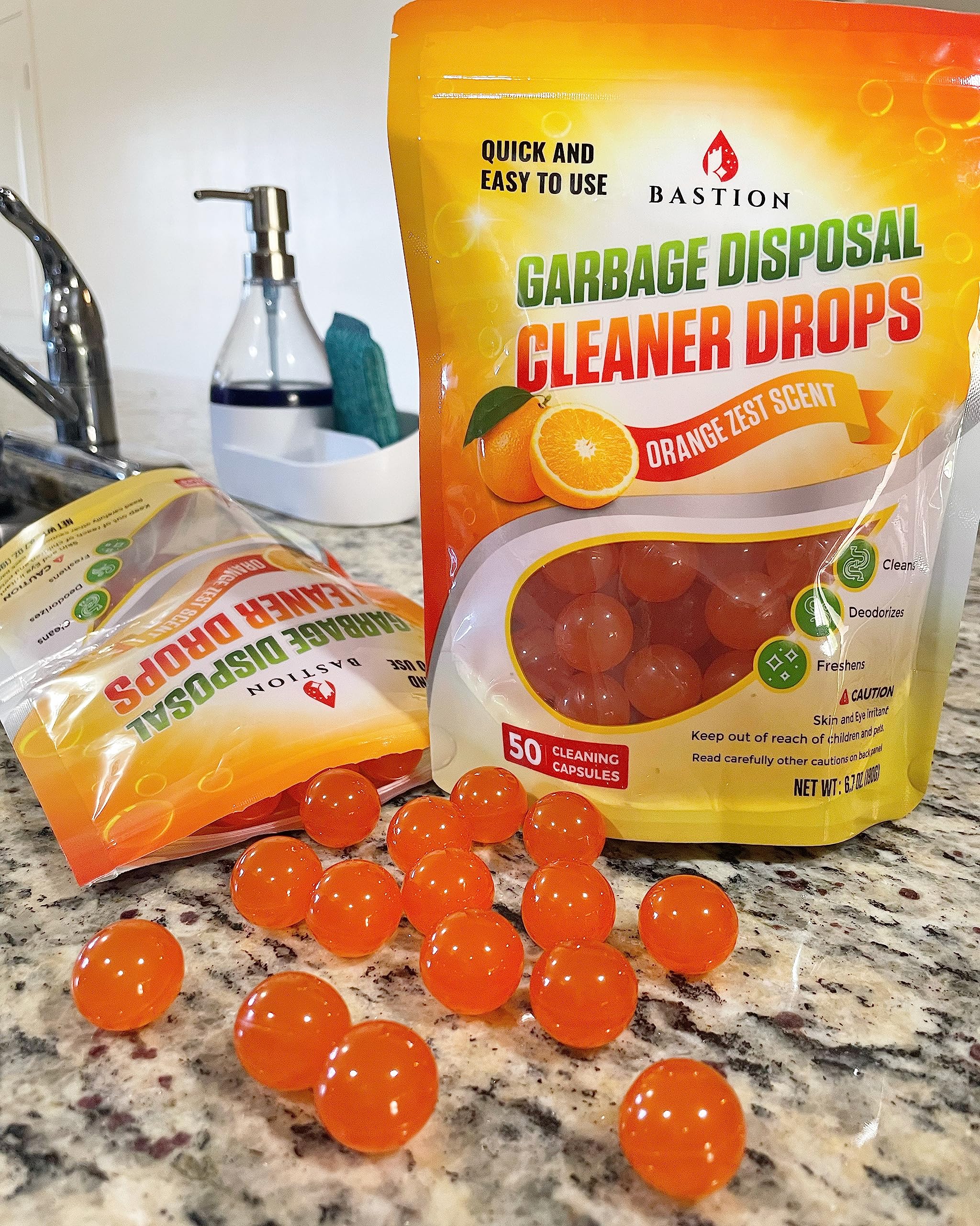 Bastion Garbage Disposal Cleaner and Deodorizer Drops- [[50-Count]] Orange Zest Scented Kitchen Sink Freshener Pods & Drain Odor Eliminator Disposer Care Balls - Image 8