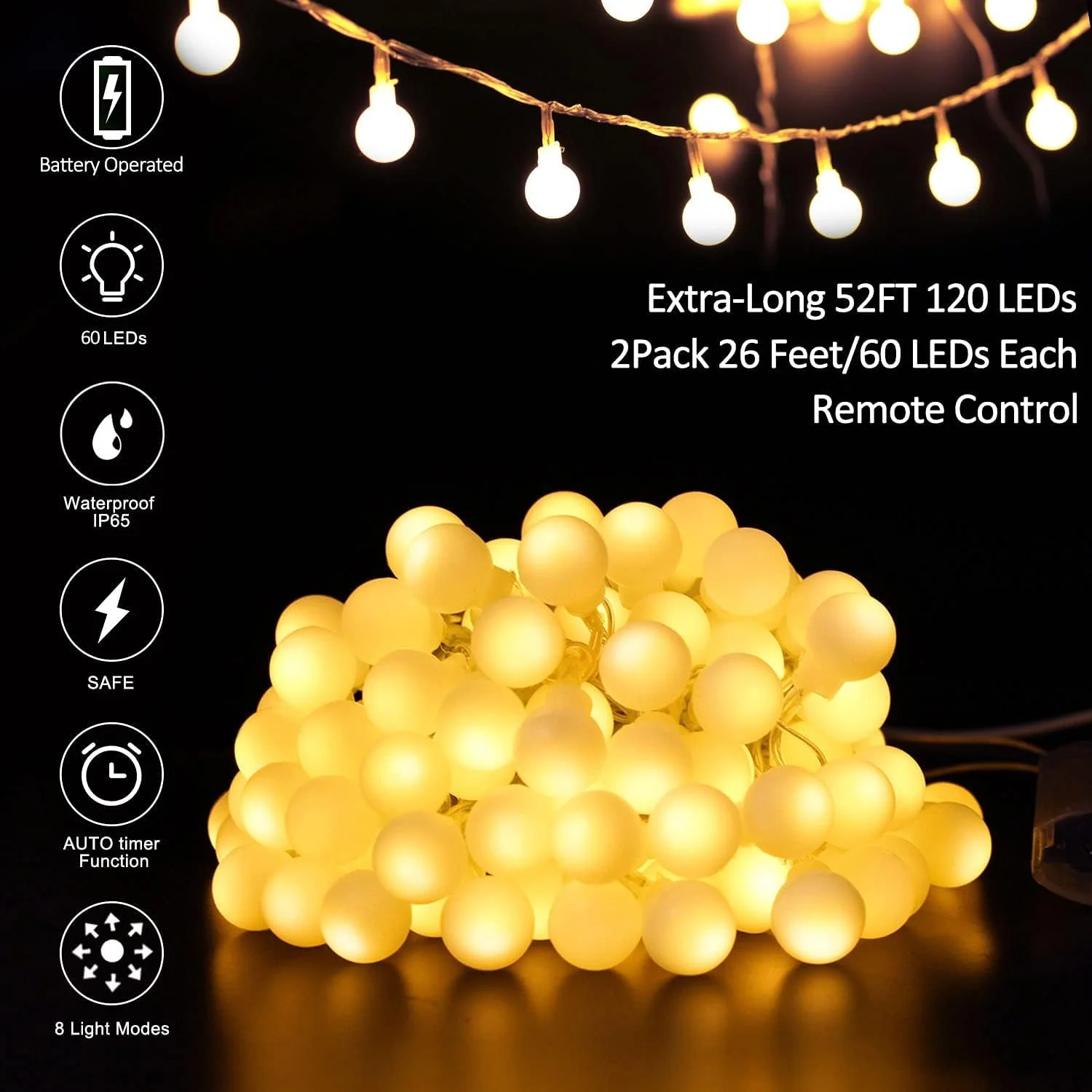 Battery Operated LED Globe String Lights, 2-Pack Total 52FT 120LEDs - Each 26FT 60LEDs 8 Mode Waterproof Christmas Fairy String Lights with Remote for Home Bedroom Garden Wedding Party Decoration - Image 5
