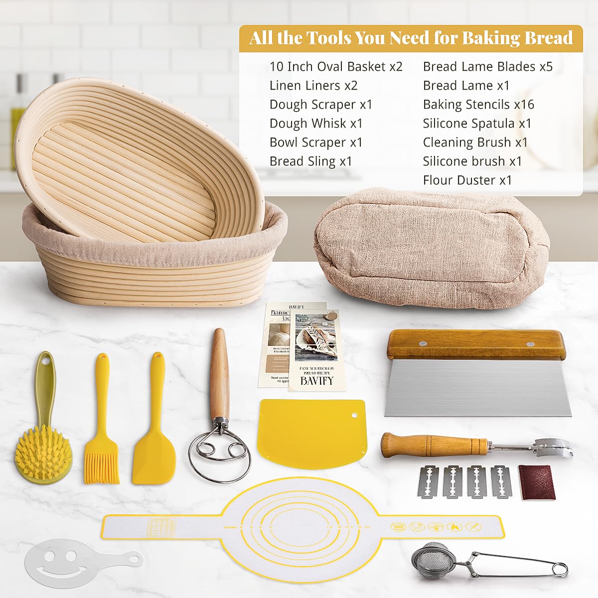 BAVIFY 10 Inch Oval Banneton Bread Proofing Basket Sourdough Starter Kit, Sourdough Bread Baking Supplies with Bread Lame, Sling, Spatula, Scraper, Dough Whisk - Image 2