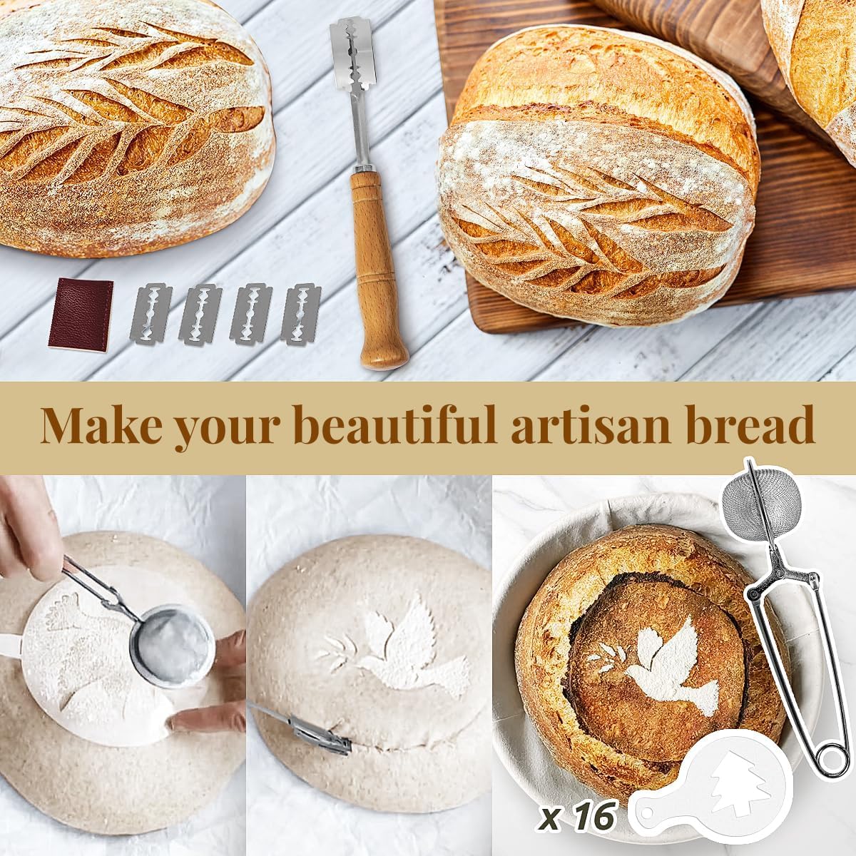 BAVIFY 10 Inch Oval Banneton Bread Proofing Basket Sourdough Starter Kit, Sourdough Bread Baking Supplies with Bread Lame, Sling, Spatula, Scraper, Dough Whisk - Image 4