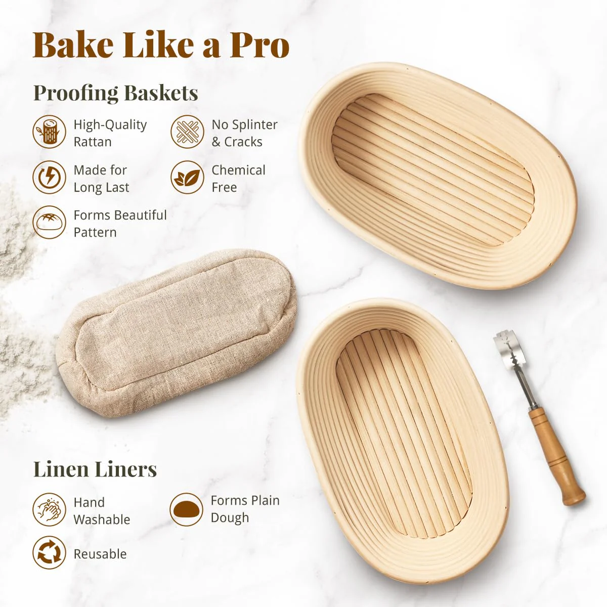 BAVIFY 10 Inch Oval Banneton Bread Proofing Basket Sourdough Starter Kit, Sourdough Bread Baking Supplies with Bread Lame, Sling, Spatula, Scraper, Dough Whisk - Image 6