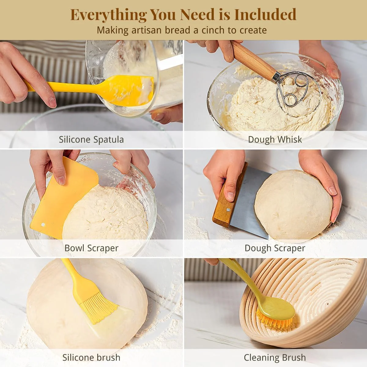 BAVIFY 9 Inch Round Banneton Bread Proofing Basket Sourdough Starter Kit, Sourdough Bread Baking Supplies with Bread Lame, Sling, Spatula, Scraper, Dough Whisk - Image 3