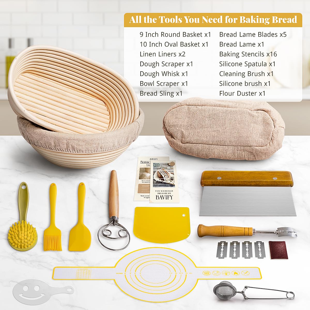 BAVIFY Banneton Bread Proofing Basket Sourdough Bread Baking Supplies, Sourdough Starter Kit with 9" Round & 10" Oval Banneton Baskets, Bread Lame, Sling, Spatula, Scraper, Dough Whisk - Image 2