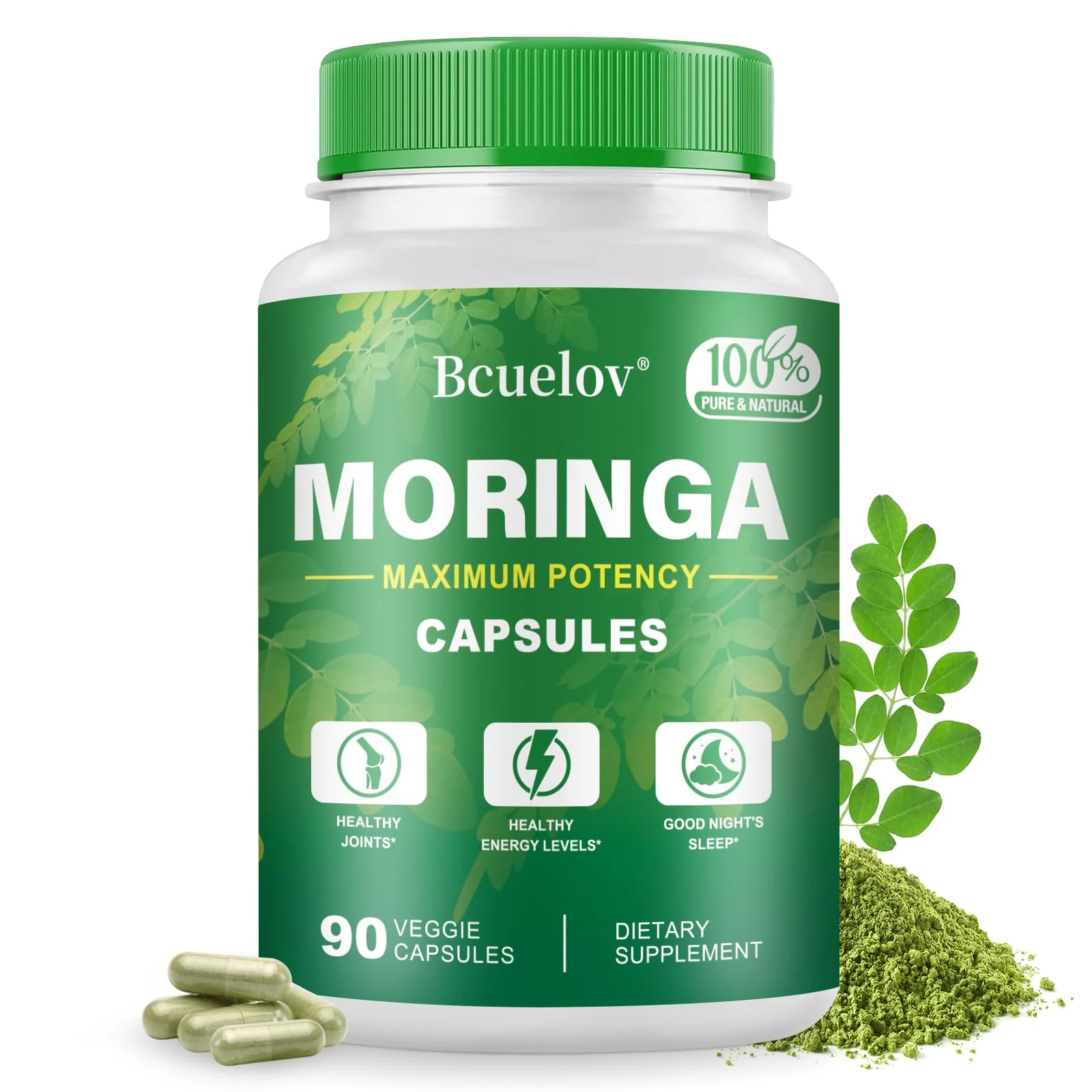 Bcuelov Moringa Capsules | 800mg Pure Moringa Powder Capsules – Supports Energy, Skin & Gut Health, Immune System – Green Superfood with Vitamins & Amino Acids (90 Caps)