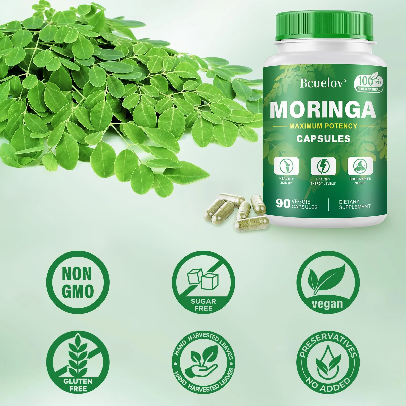 Bcuelov Moringa Capsules | 800mg Pure Moringa Powder Capsules – Supports Energy, Skin & Gut Health, Immune System – Green Superfood with Vitamins & Amino Acids (90 Caps) - Image 2