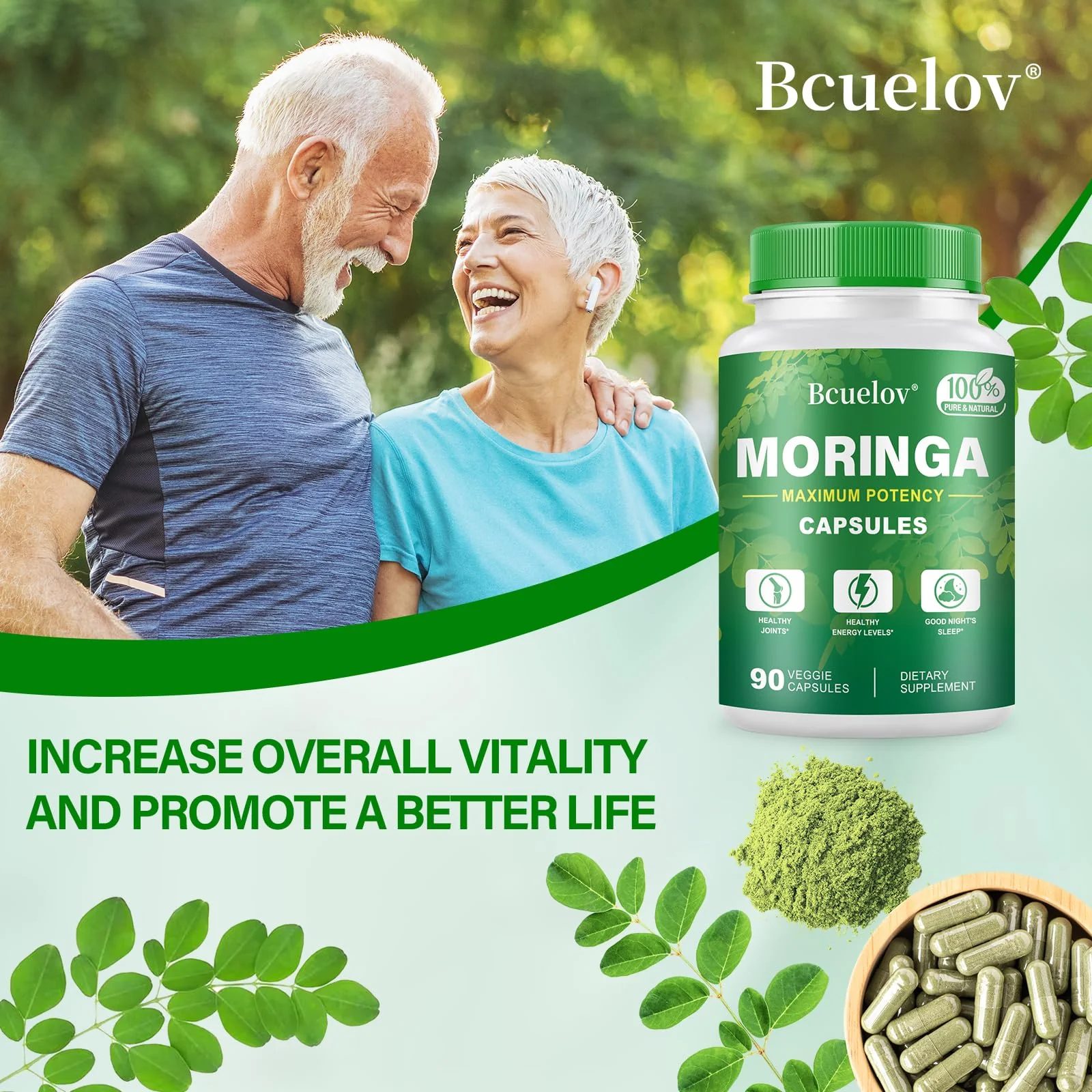 Bcuelov Moringa Capsules | 800mg Pure Moringa Powder Capsules – Supports Energy, Skin & Gut Health, Immune System – Green Superfood with Vitamins & Amino Acids (90 Caps) - Image 3