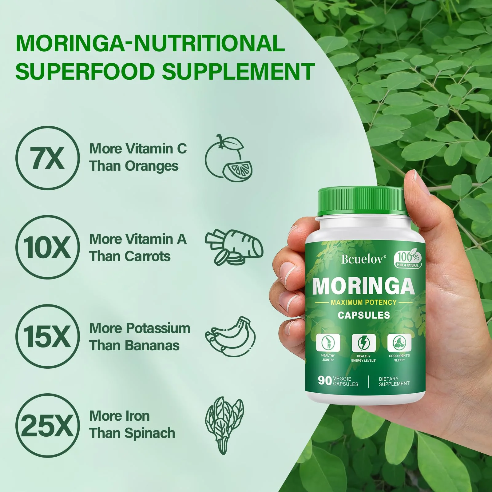 Bcuelov Moringa Capsules | 800mg Pure Moringa Powder Capsules – Supports Energy, Skin & Gut Health, Immune System – Green Superfood with Vitamins & Amino Acids (90 Caps) - Image 5