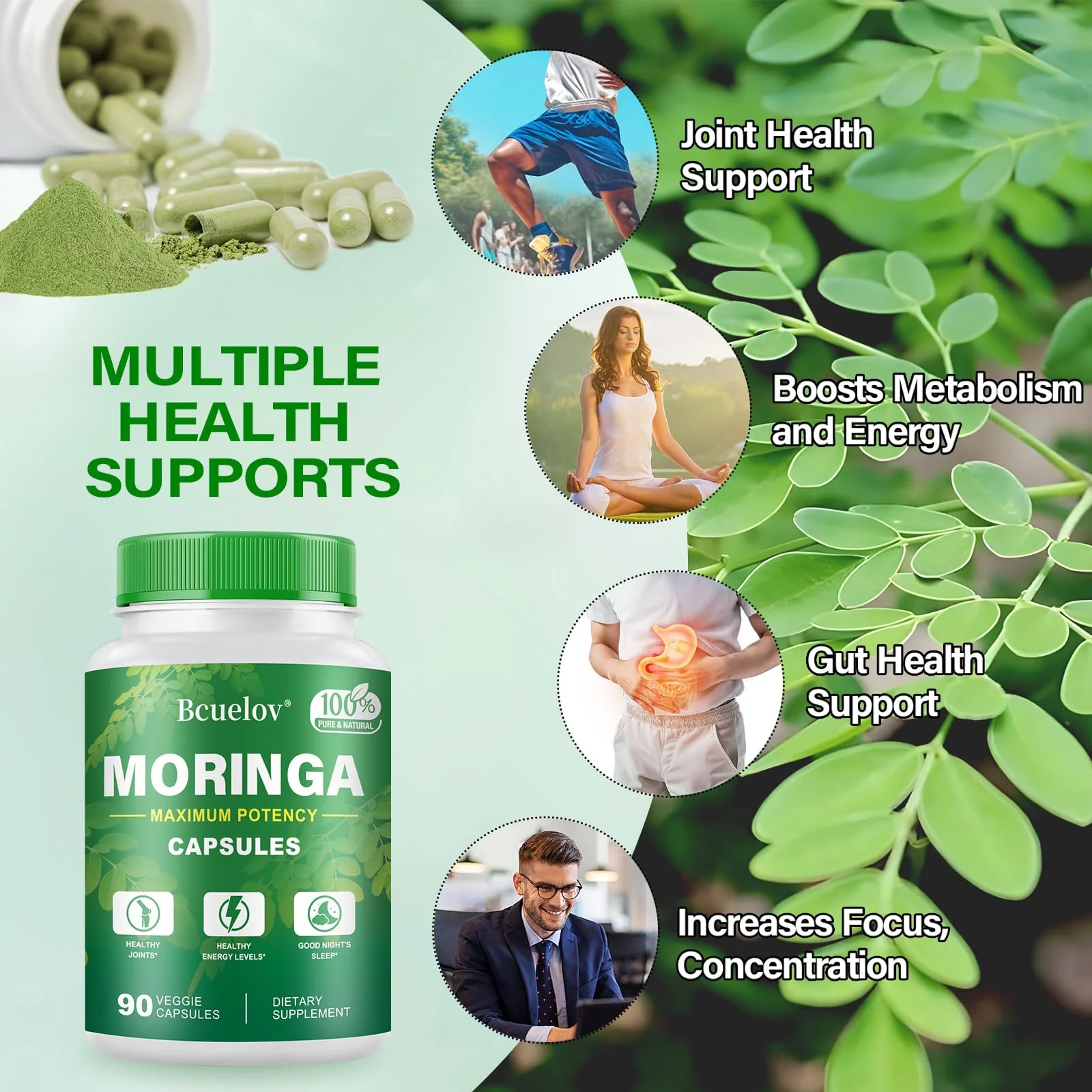 Bcuelov Moringa Capsules | 800mg Pure Moringa Powder Capsules – Supports Energy, Skin & Gut Health, Immune System – Green Superfood with Vitamins & Amino Acids (90 Caps) - Image 6