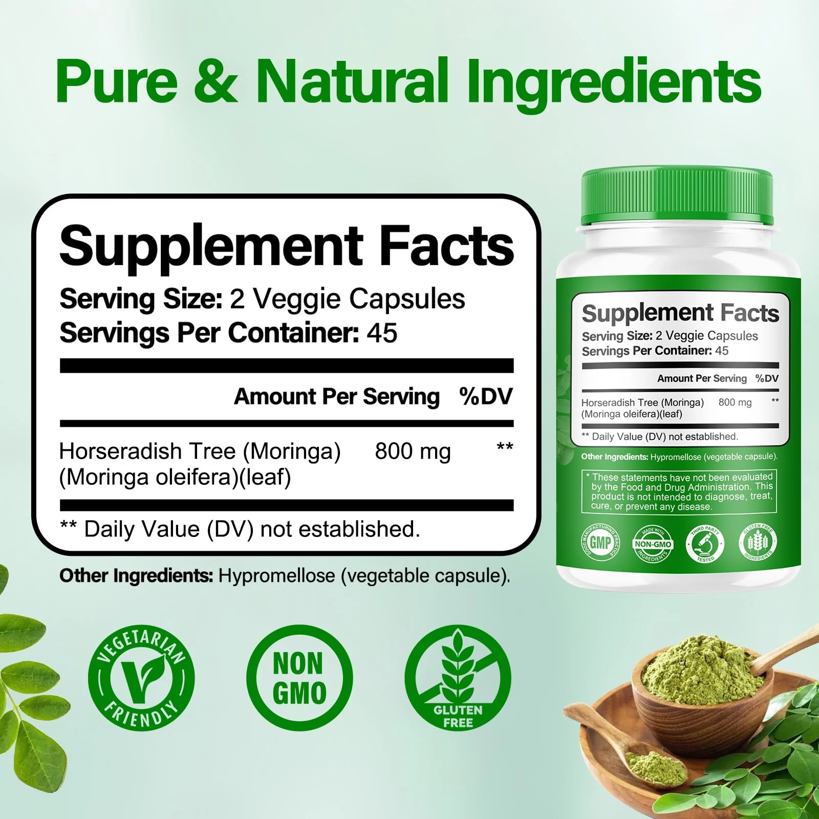 Bcuelov Moringa Capsules | 800mg Pure Moringa Powder Capsules – Supports Energy, Skin & Gut Health, Immune System – Green Superfood with Vitamins & Amino Acids (90 Caps) - Image 8