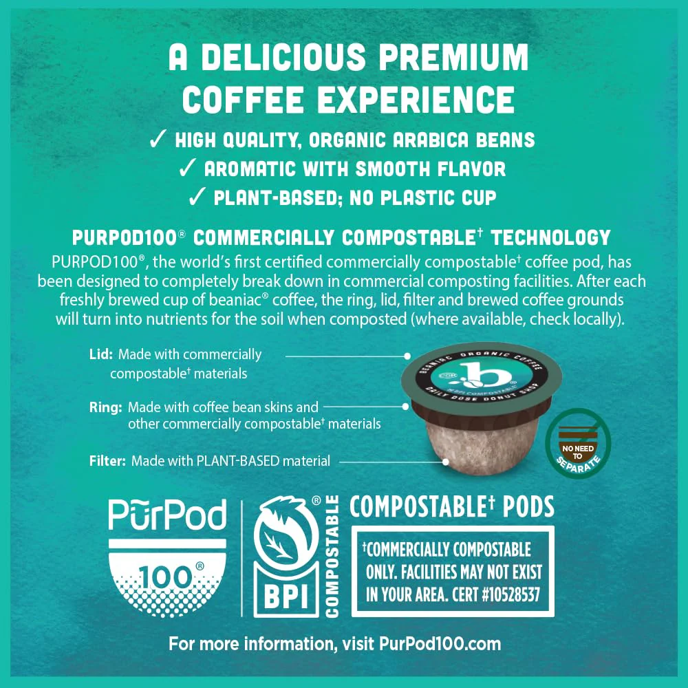beaniac Organic Daily Dose Donut Shop, Light Roast, Single Serve Compostable K Cup Coffee Pods, Organic Arabica Coffee, Keurig Brewer Compatible, 30 Count - Image 7