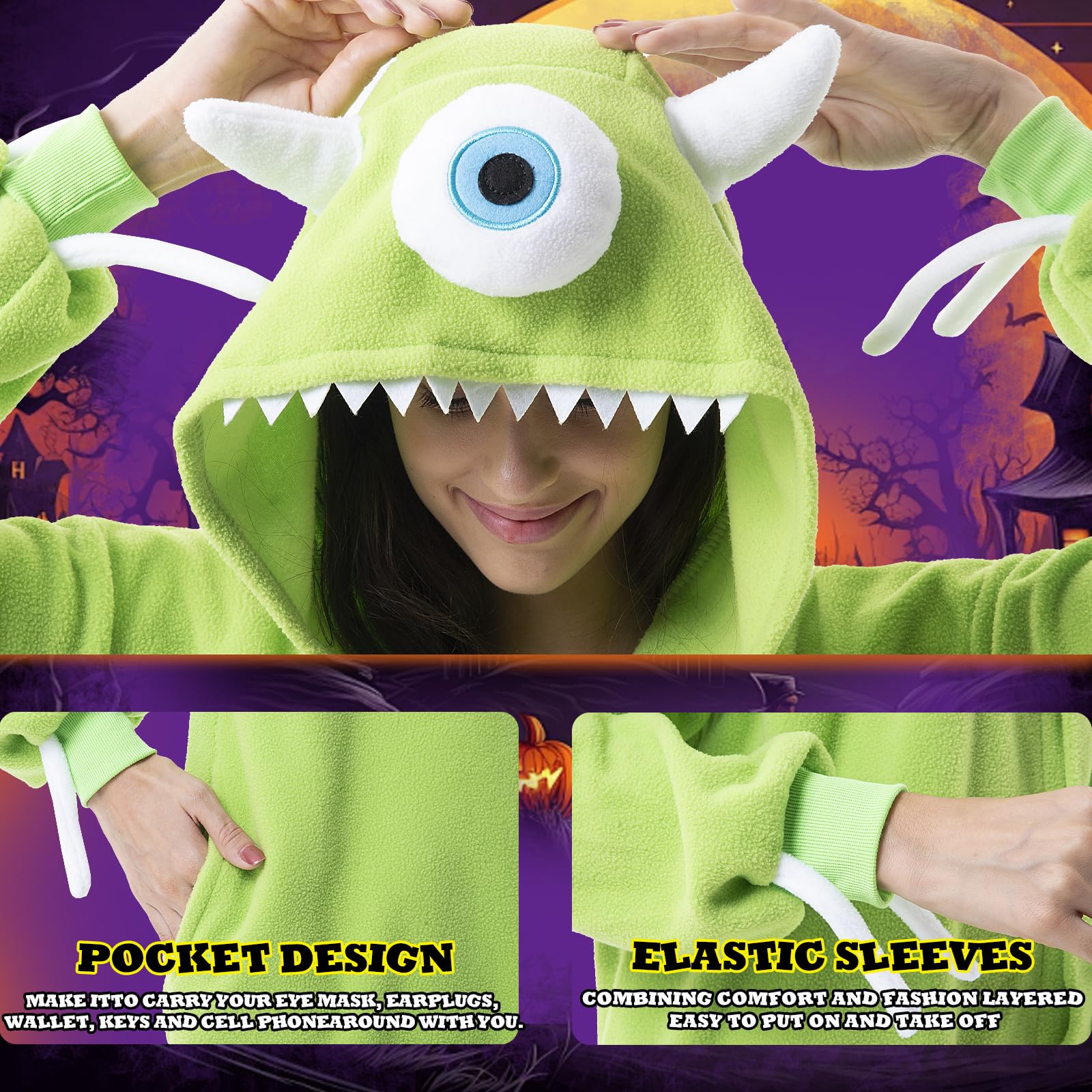 Beauty Shine Unisex Adult Onesie One Piece Pajamas Cosplay Cartoon Costume Halloween Christmas Sleepwear Jumpsuit Homewear(Mike Wazowski, Medium) - Image 3