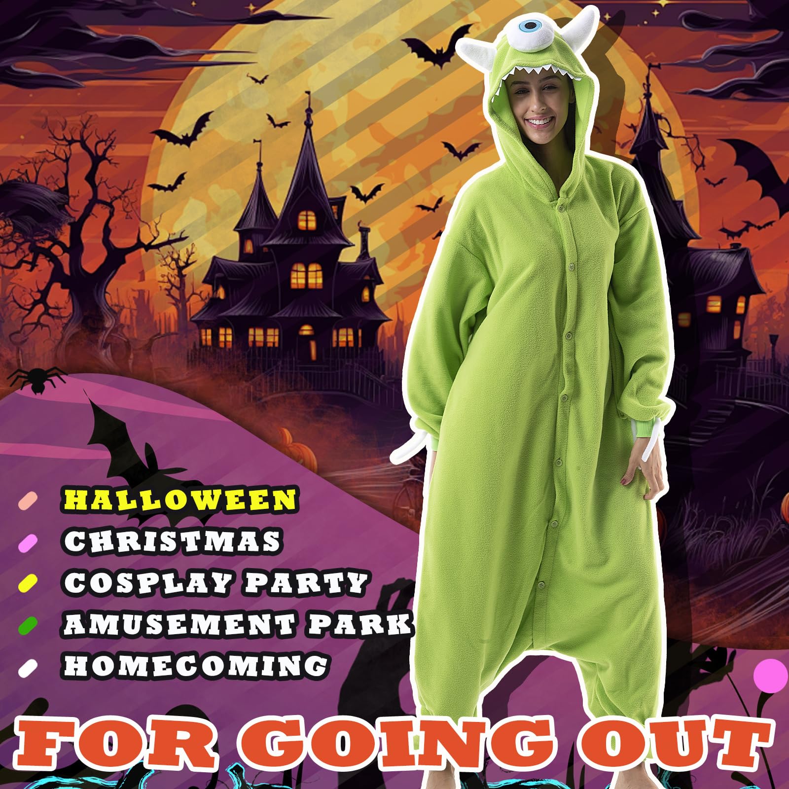 Beauty Shine Unisex Adult Onesie One Piece Pajamas Cosplay Cartoon Costume Halloween Christmas Sleepwear Jumpsuit Homewear(Mike Wazowski, Medium) - Image 4