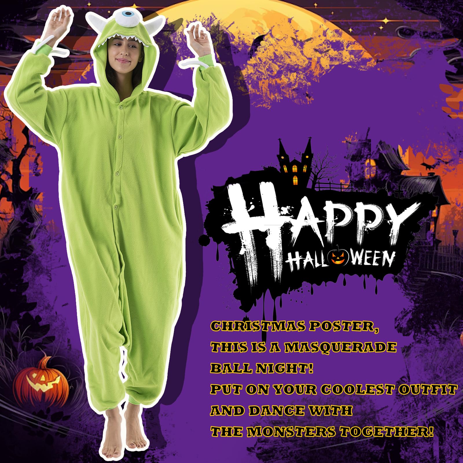 Beauty Shine Unisex Adult Onesie One Piece Pajamas Cosplay Cartoon Costume Halloween Christmas Sleepwear Jumpsuit Homewear(Mike Wazowski, Medium) - Image 6