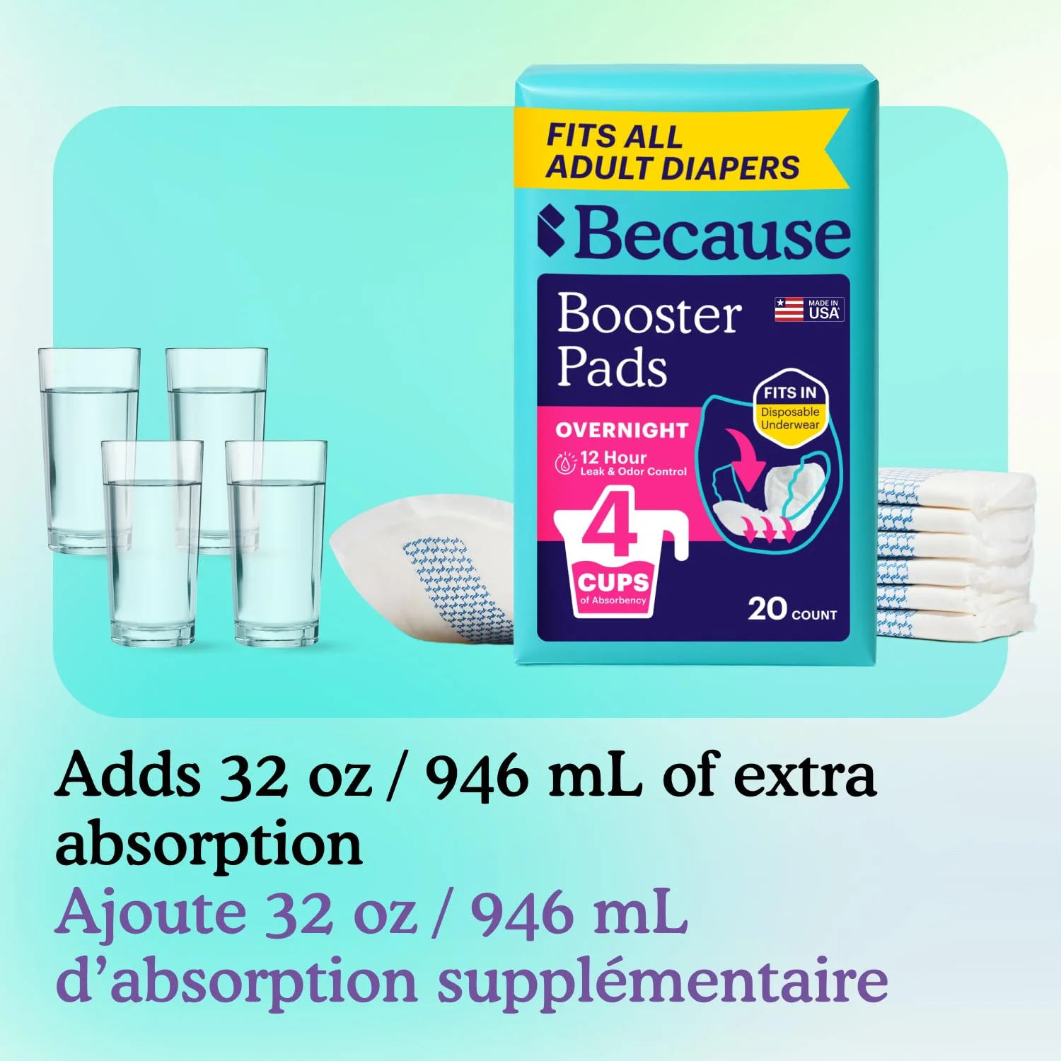 Because Overnight Incontinence Booster Pads for Men and Women, Adds 4 Cups Extra Absorbency to Adult Diapers, Super Soft, Adhesive Strip Backing, Unisex, 20 Count - Image 4