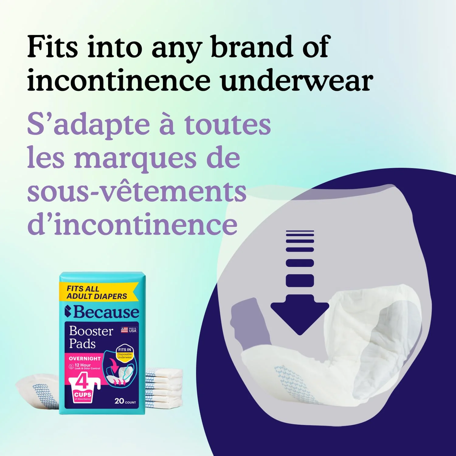Because Overnight Incontinence Booster Pads for Men and Women, Adds 4 Cups Extra Absorbency to Adult Diapers, Super Soft, Adhesive Strip Backing, Unisex, 20 Count - Image 5