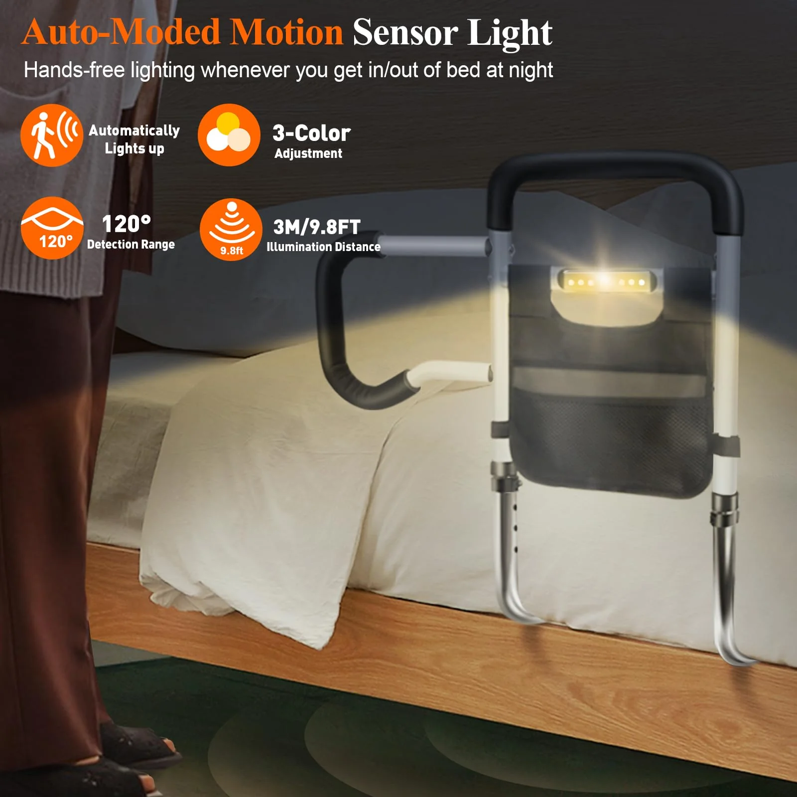 Bed Rails for Elderly Adults Safety, Adjustable Height Bed Guard Rails with Night Motion Light for Seniors, Carbon Steel Bed Assist Rails for Queen King Size Bed (Patent Pending) - Image 4