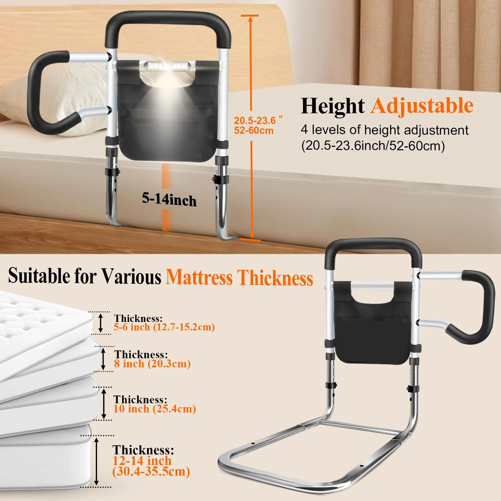 Bed Rails for Elderly Adults Safety, Adjustable Height Bed Guard Rails with Night Motion Light for Seniors, Carbon Steel Bed Assist Rails for Queen King Size Bed (Patent Pending) - Image 5