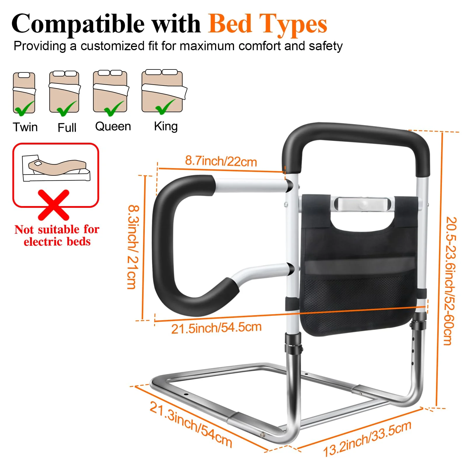 Bed Rails for Elderly Adults Safety, Adjustable Height Bed Guard Rails with Night Motion Light for Seniors, Carbon Steel Bed Assist Rails for Queen King Size Bed (Patent Pending) - Image 7