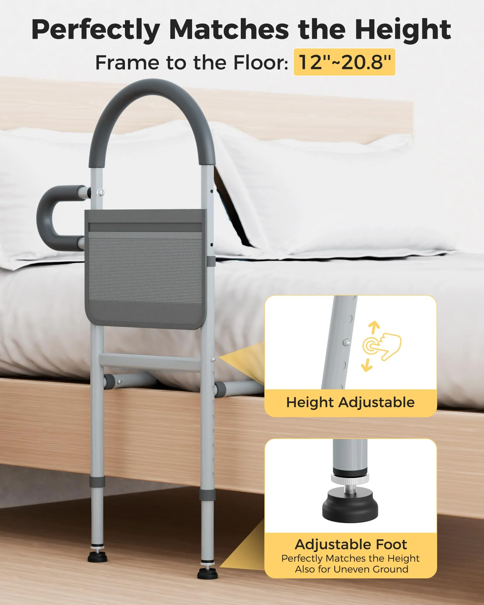 Bed Rails for Elderly Adults Safety, Bedrails for Elderly Adults Grab Bar Bed Handrails, Cane for Seniors with Non-Slip Ergonomic Handle and Storage Pocket, Fit Twin, Full, Queen, King - Image 5