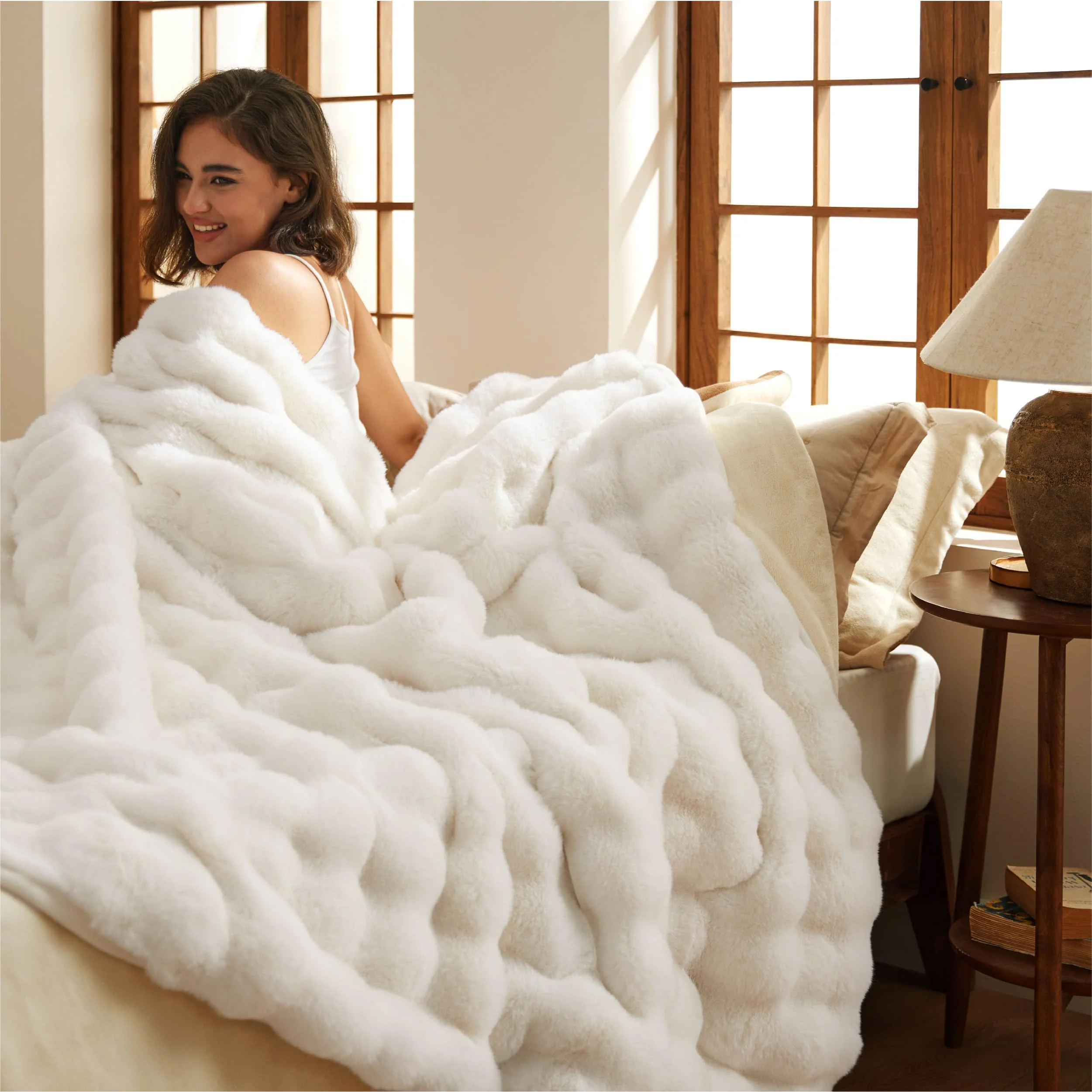 Bedsure GentleSoft Fluffy Throw Blanket, 870GSM Soft Bubble Faux Fur Throw Blanket for Couch, Fuzzy Plush Winter Decor for Christmas, Thick Warm Furry Cozy Gifts for Women Girls Mom, Cream, 50"x60" - Image 7