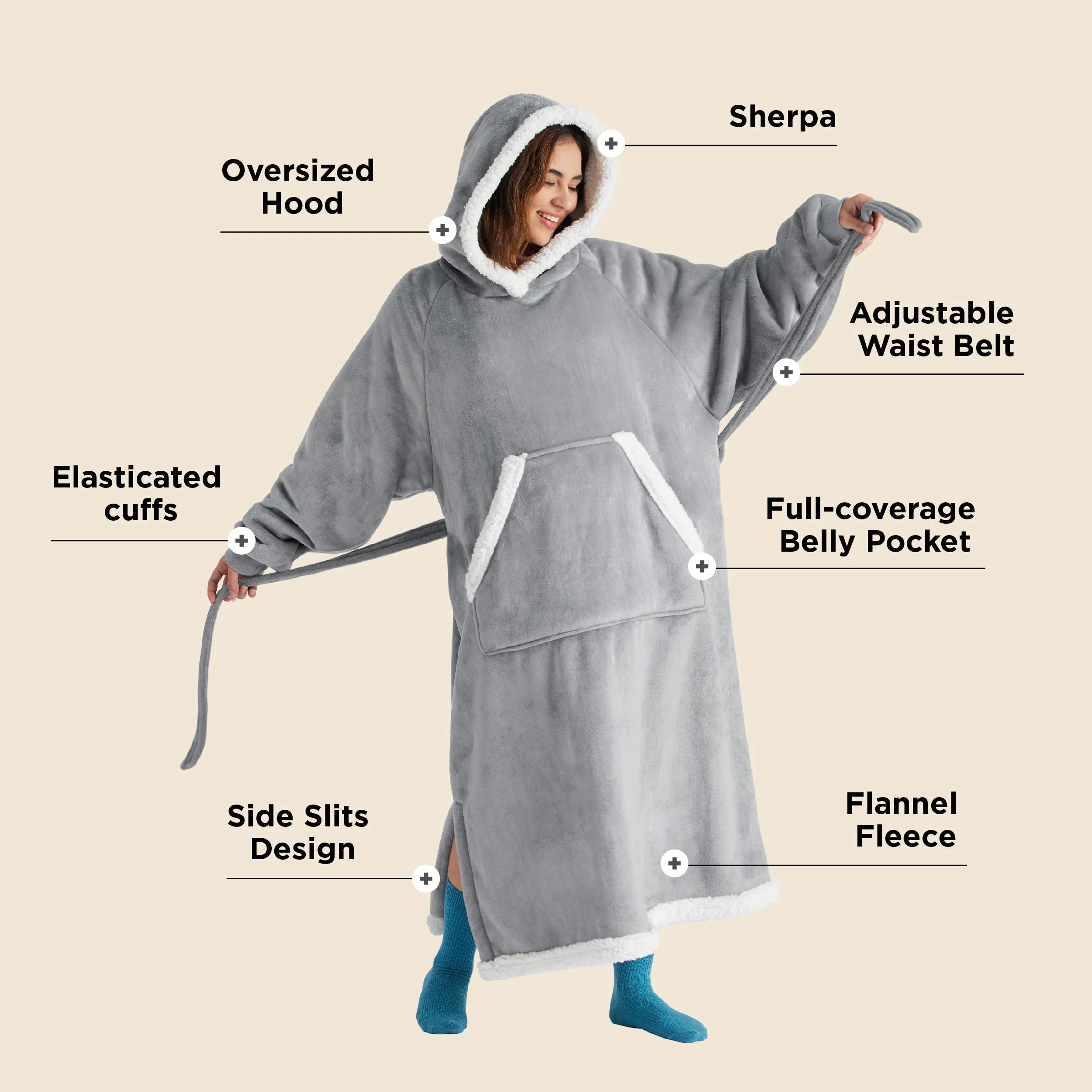 Bedsure Wearable Blanket Hoodie, Long Hooded Blanket Sweatshirt as Christmas Birthday Gifts for Women, Cozy Sherpa Hoodie for Adult, Standard, Grey - Image 5
