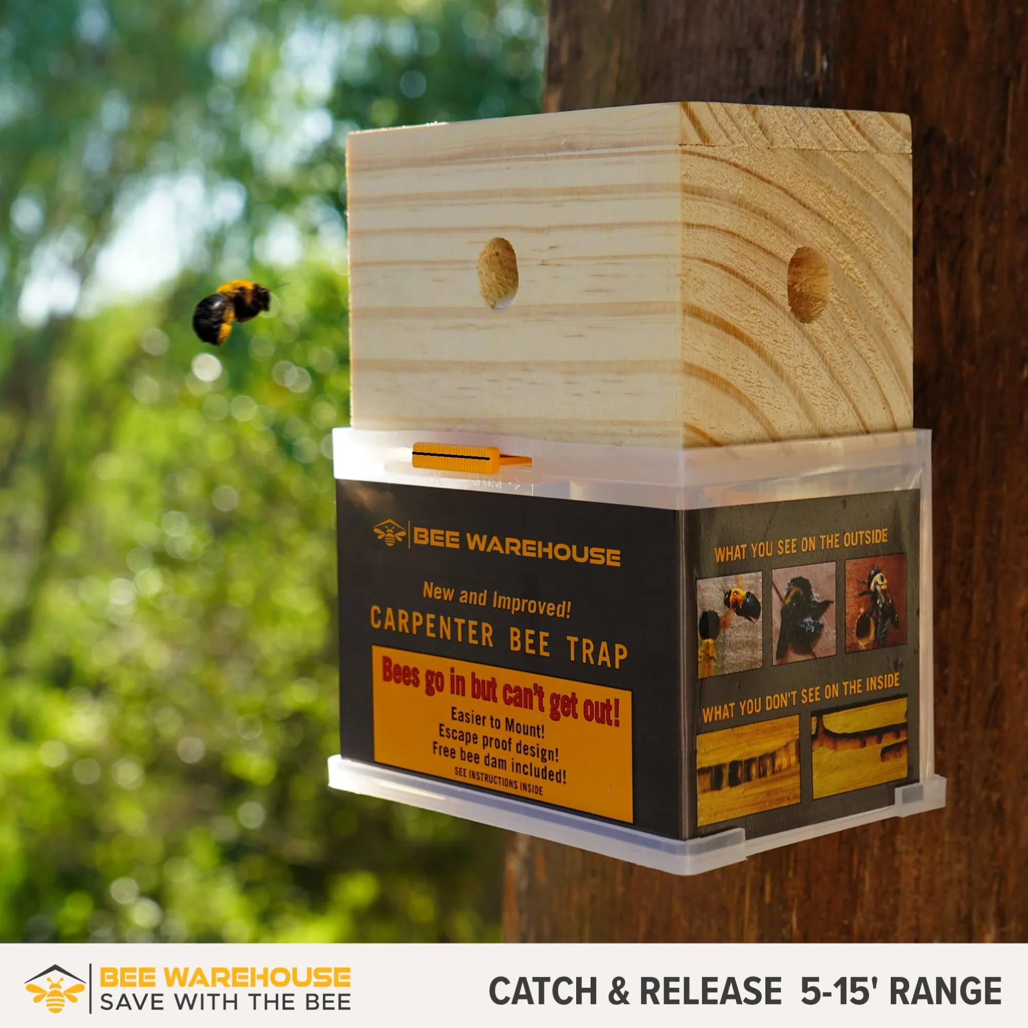 Bee Warehouse - Carpenter Bee Trap - Wood Boring Bee Trap - Unique Catch & Release Outdoor Carpenter Bee Trap - Includes Hanging Hardware & 5 Bee Dams - Image 3