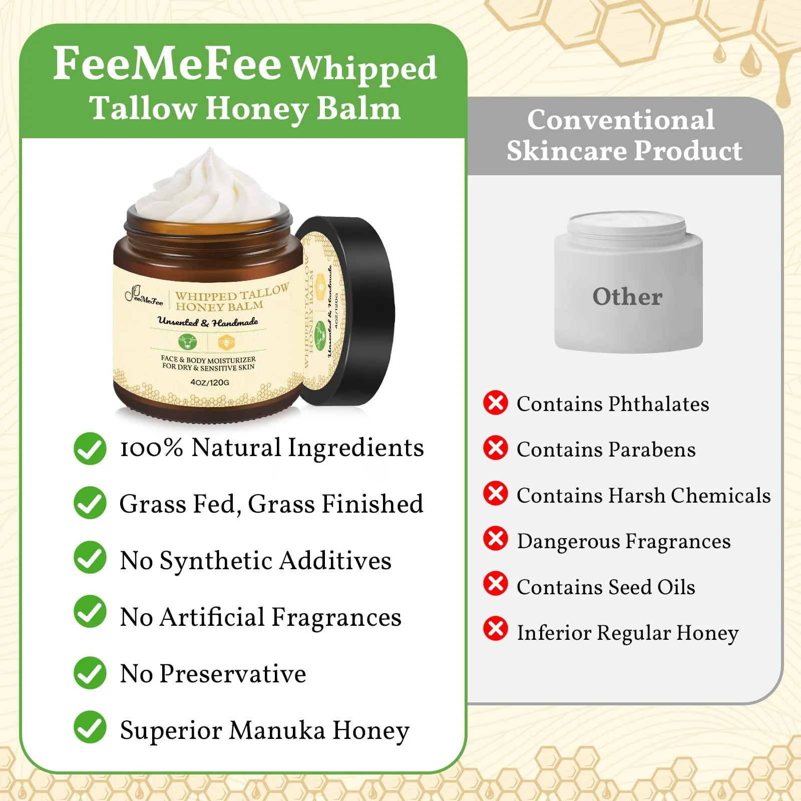 Beef Tallow for Skin 4oz | Tallow And Manuka Honey Balm | Unscented Tallow Face Moisturizer | Beef Tallow for Face | Organic Grass Fed Beef Tallow Balm | Whipped Beef Tallow Lotion Face Cream - Image 6