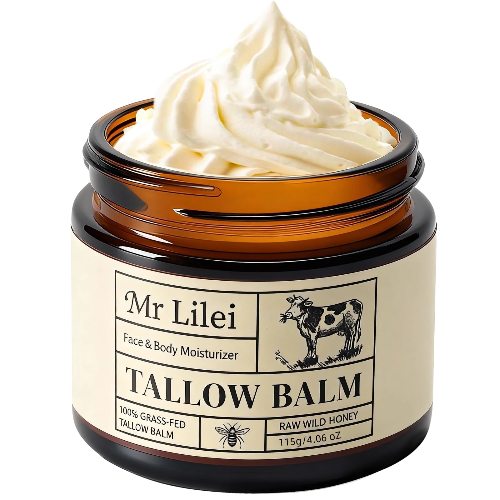 Beef Tallow for Skin, Grass-Fed Beef Tallow Balm, Handmade Whipped Beef Tallow Cream, Face Moisturizer & Body Butter Restores Skin Barrier, Soothes Dry Sensitive Skin, Beef Tallow Honey Balm Unscented