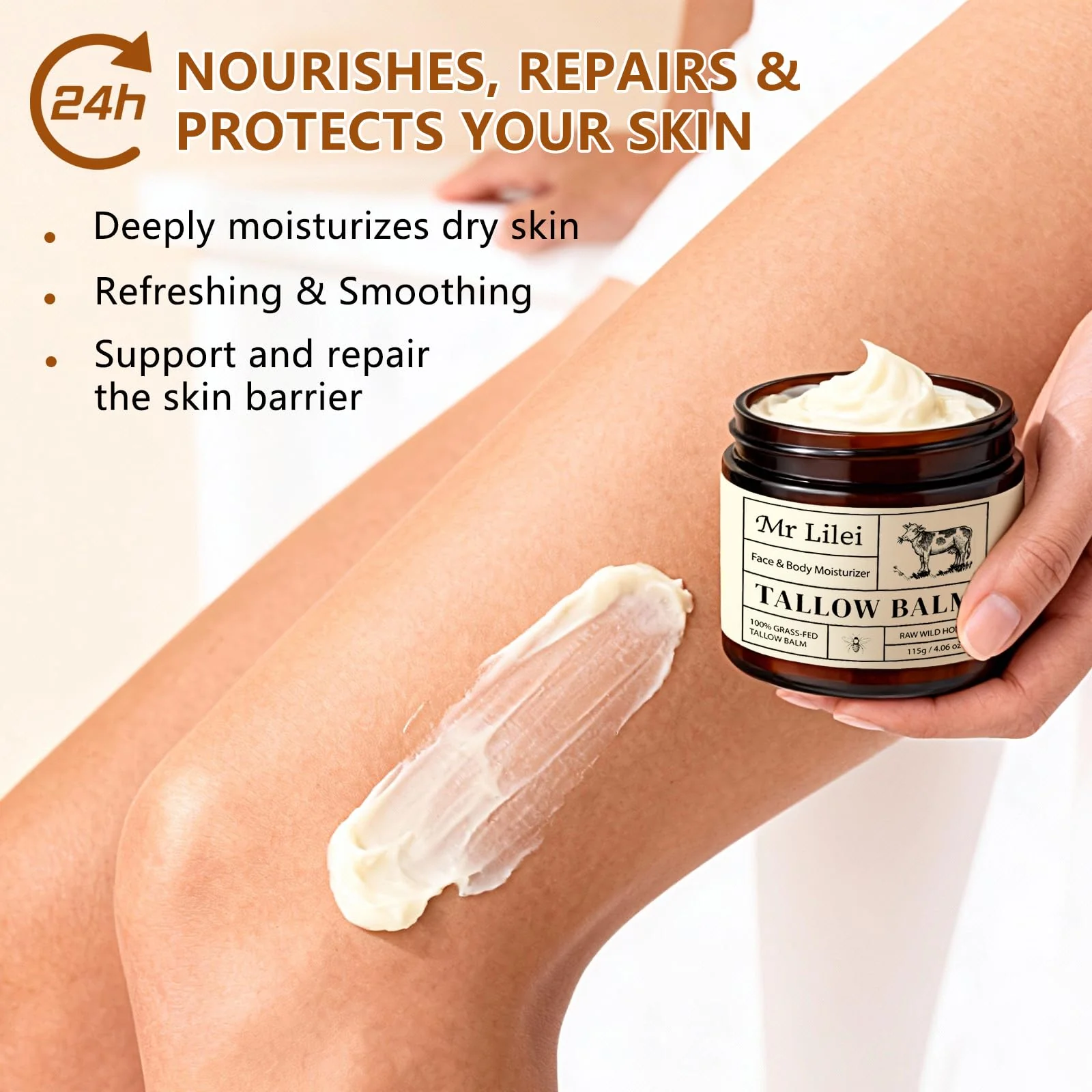 Beef Tallow for Skin, Grass-Fed Beef Tallow Balm, Handmade Whipped Beef Tallow Cream, Face Moisturizer & Body Butter Restores Skin Barrier, Soothes Dry Sensitive Skin, Beef Tallow Honey Balm Unscented - Image 5