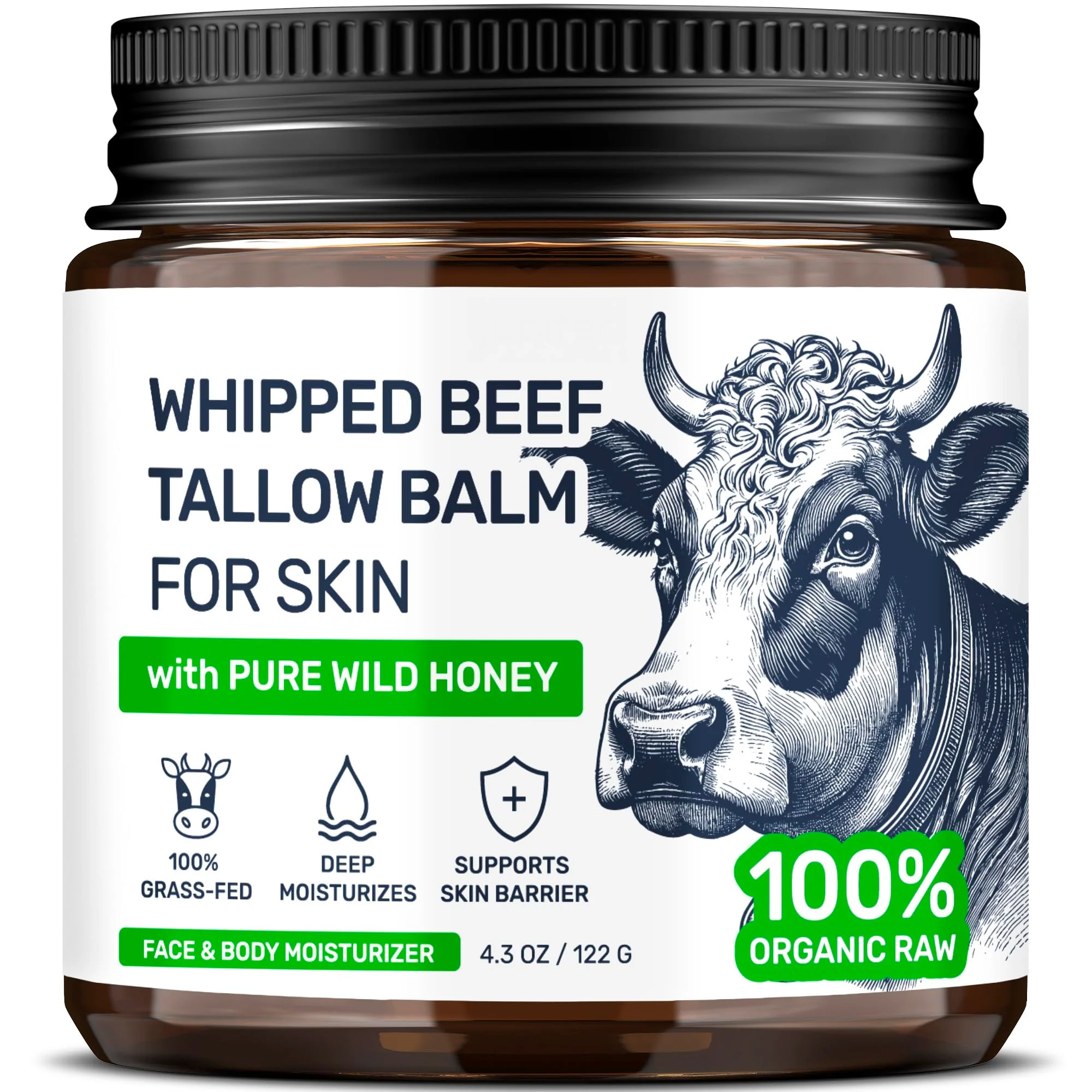 Beef Tallow for Skin – Grass Fed Whipped Tallow and Honey Balm, Face and Body Moisturizer with Beeswax and Wild Honey, 3-Ingredient Fragrance Free Non Comedogenic Formula for Dry Sensitive Skin