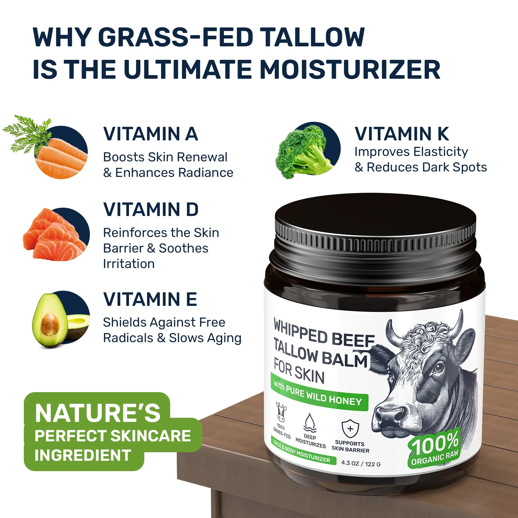 Beef Tallow for Skin – Grass Fed Whipped Tallow and Honey Balm, Face and Body Moisturizer with Beeswax and Wild Honey, 3-Ingredient Fragrance Free Non Comedogenic Formula for Dry Sensitive Skin - Image 7