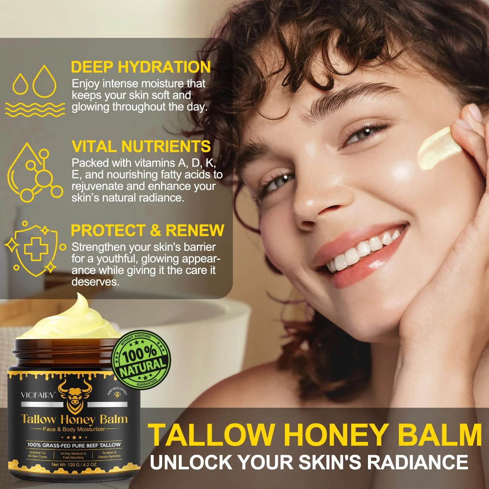 Beef Tallow for Skin, Whipped Tallow Honey Balm for Face -Grass Fed Beef Tallow & Raw Wild Honey - Organic Moisturizer for Soft, Smooth Skin- Light Scent, Moisturizing Natural Formula, 4.2 Oz - Image 3