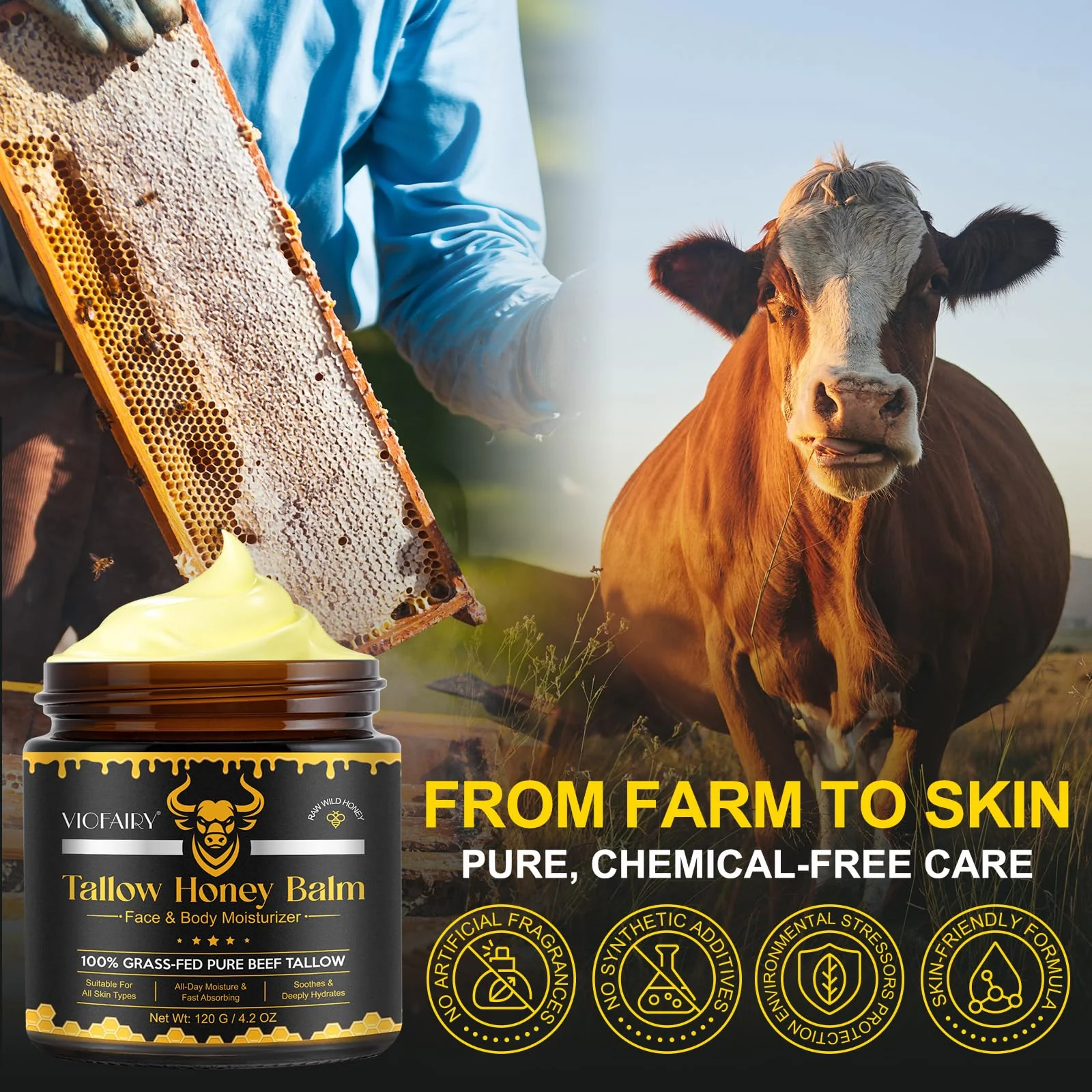 Beef Tallow for Skin, Whipped Tallow Honey Balm for Face -Grass Fed Beef Tallow & Raw Wild Honey - Organic Moisturizer for Soft, Smooth Skin- Light Scent, Moisturizing Natural Formula, 4.2 Oz - Image 6