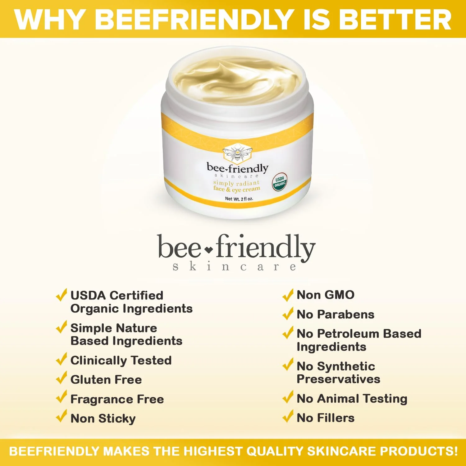 BeeFriendly Organic Face and Eye Cream, USDA Certified Organic Facial Moisturizer, All In One Natural Face, Eye, Neck, Decollete Cream Reduces Wrinkles & Lines, 2 oz - Image 5